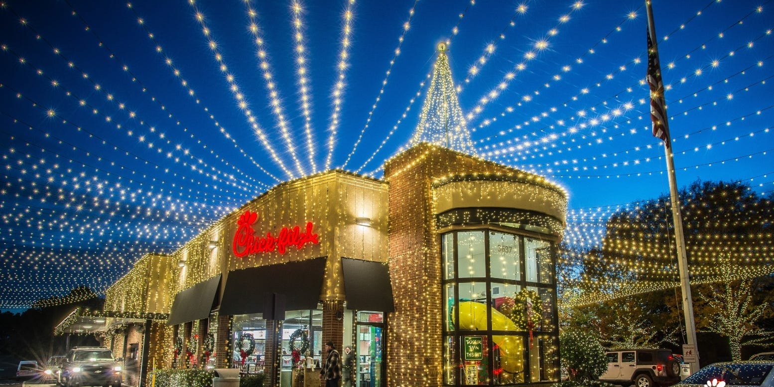 A ChickfilA in decorated with half a million Christmas lights