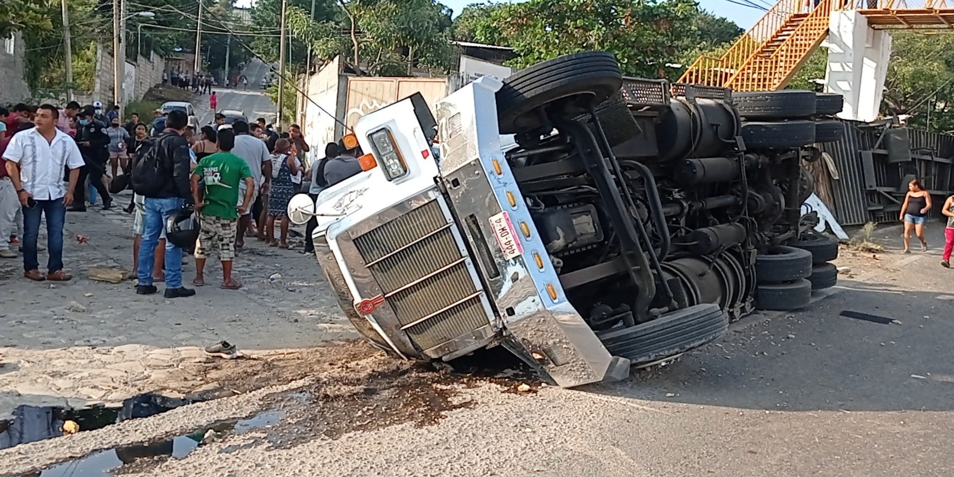 An overturned truck is seen after a trailer crash in the southern Mexican state of Chiapas