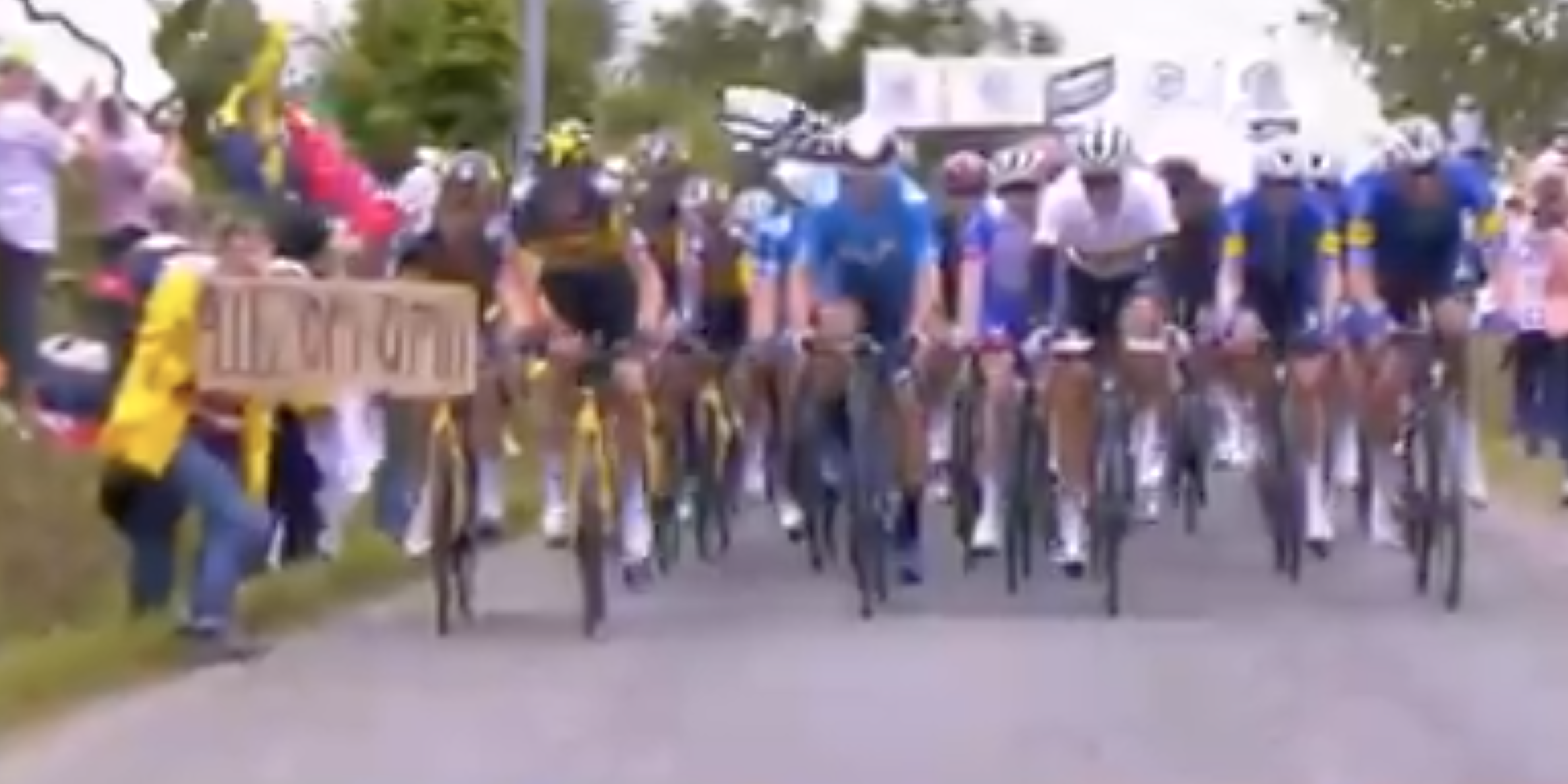 A woman holding a sign at the Tour de France caused a mass pileup.