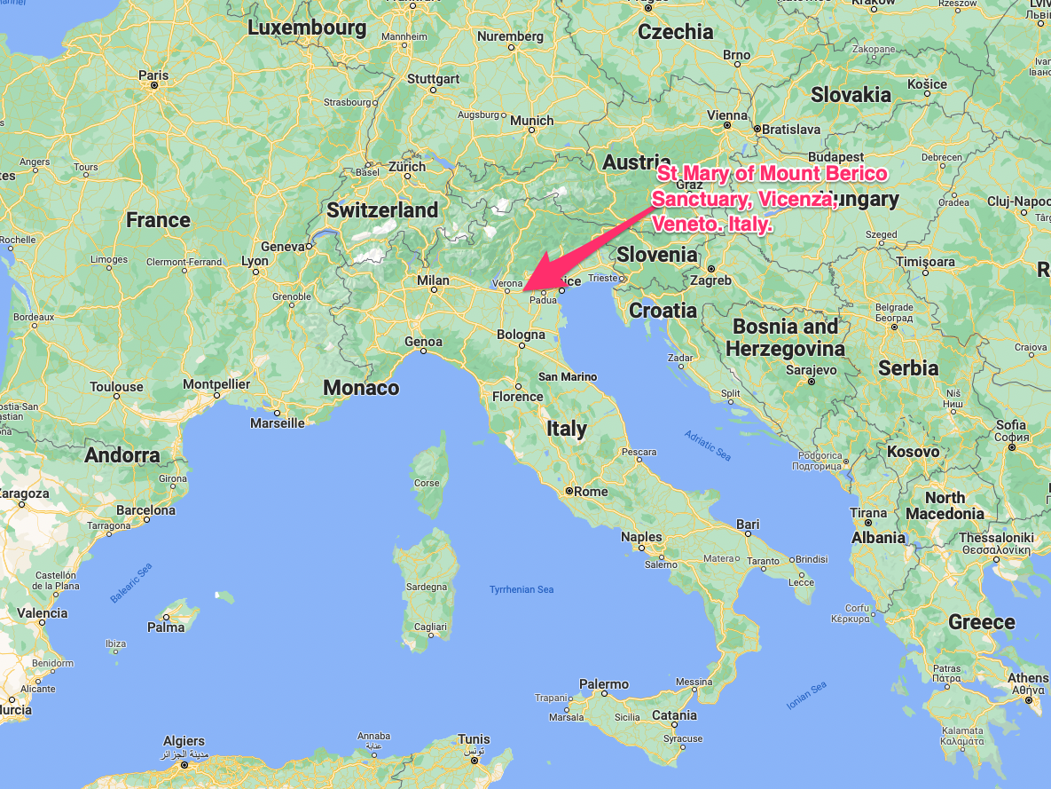 A map showing the location of the St Mary of Mount Berico Sanctuary, Italy.