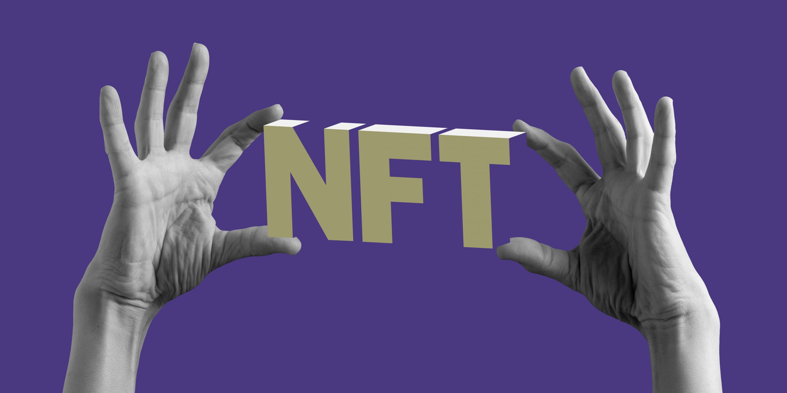 Hands holding NFT against purple background.