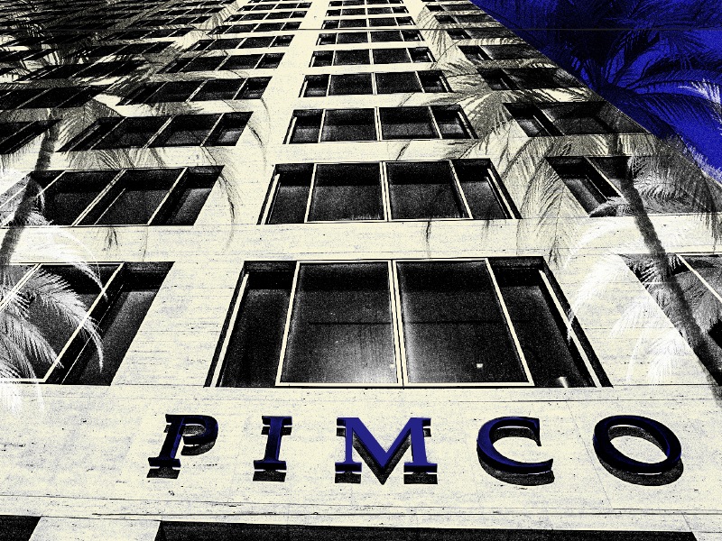 PIMCO office building in Newport Beach, California with palm trees in front of it on a blue background