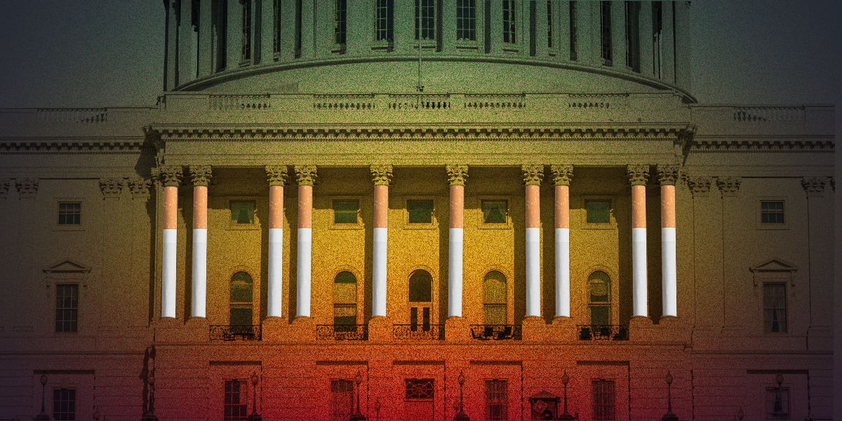 The Capitol building with a rainbow gradient on top of it and cigarettes instead of columns on the building.