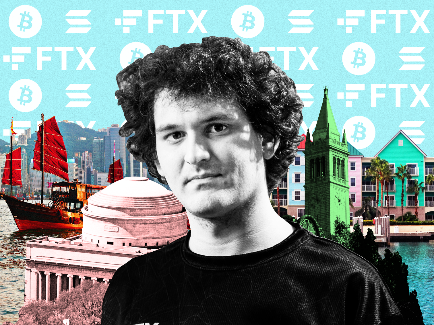 Sam Bankman-Fried on top of a collage that features MIT, Hong Kong, Berkeley CA and Nassau, Bahamas, against a teal background with the logos of FTX, Bitcoin and Solana