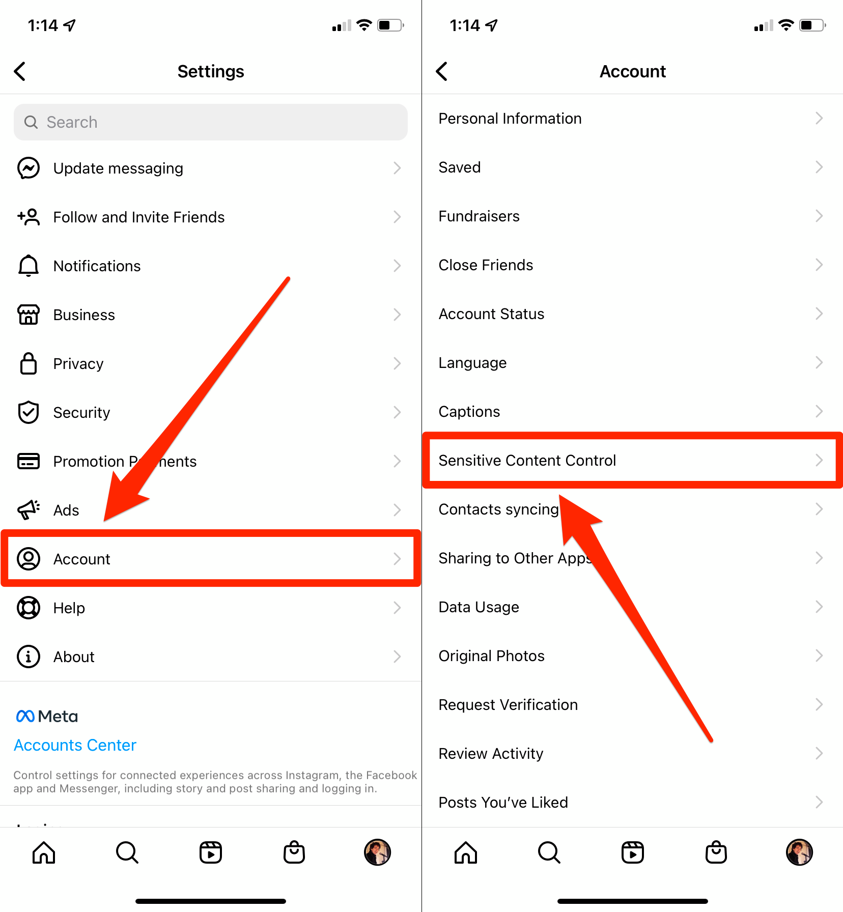 The "Settings" and "Account" menus in the Instagram app.