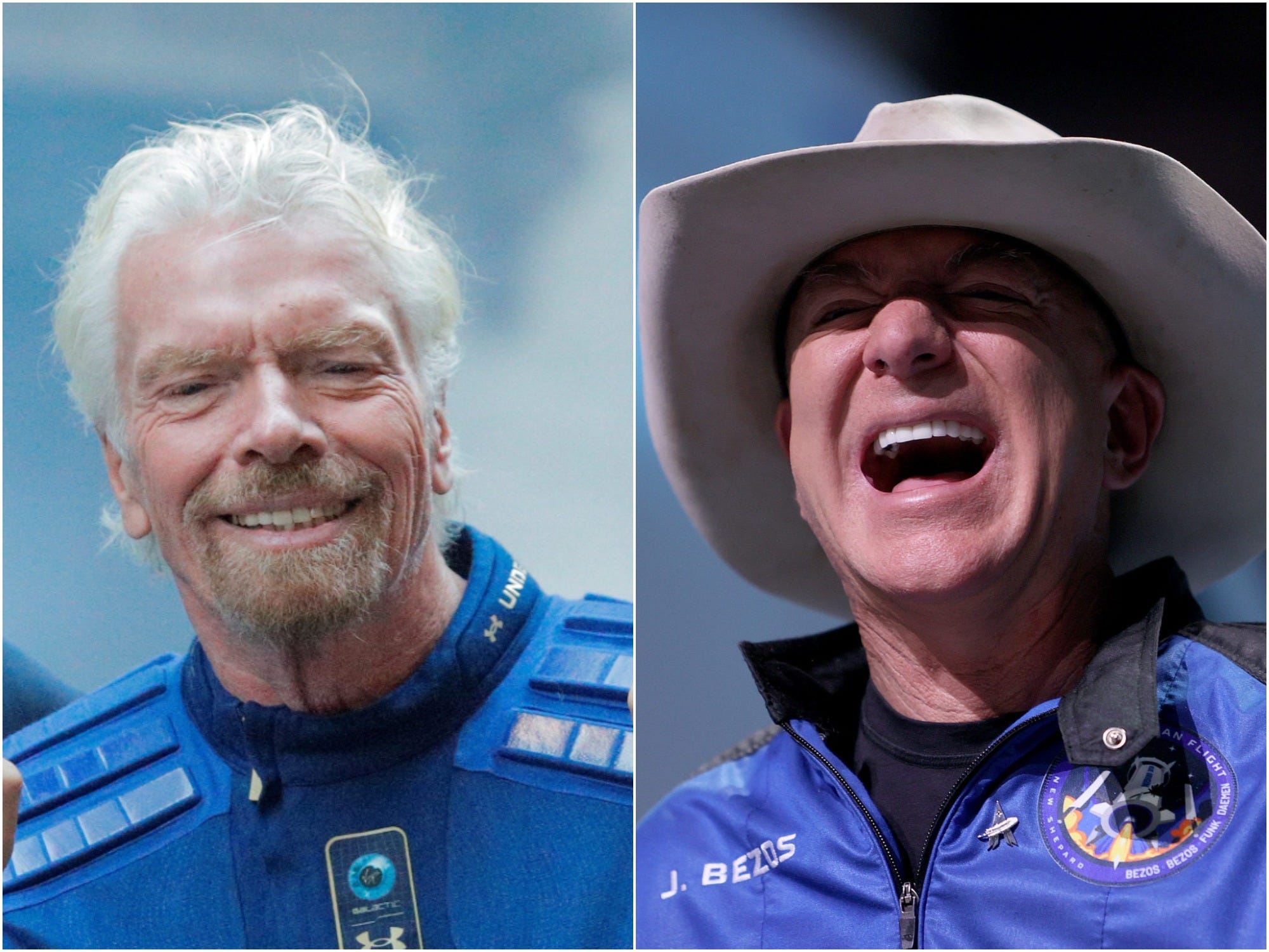 split image richard branson smiling jeff bezos laughing in cowboy hat both wearing blue spacesuits