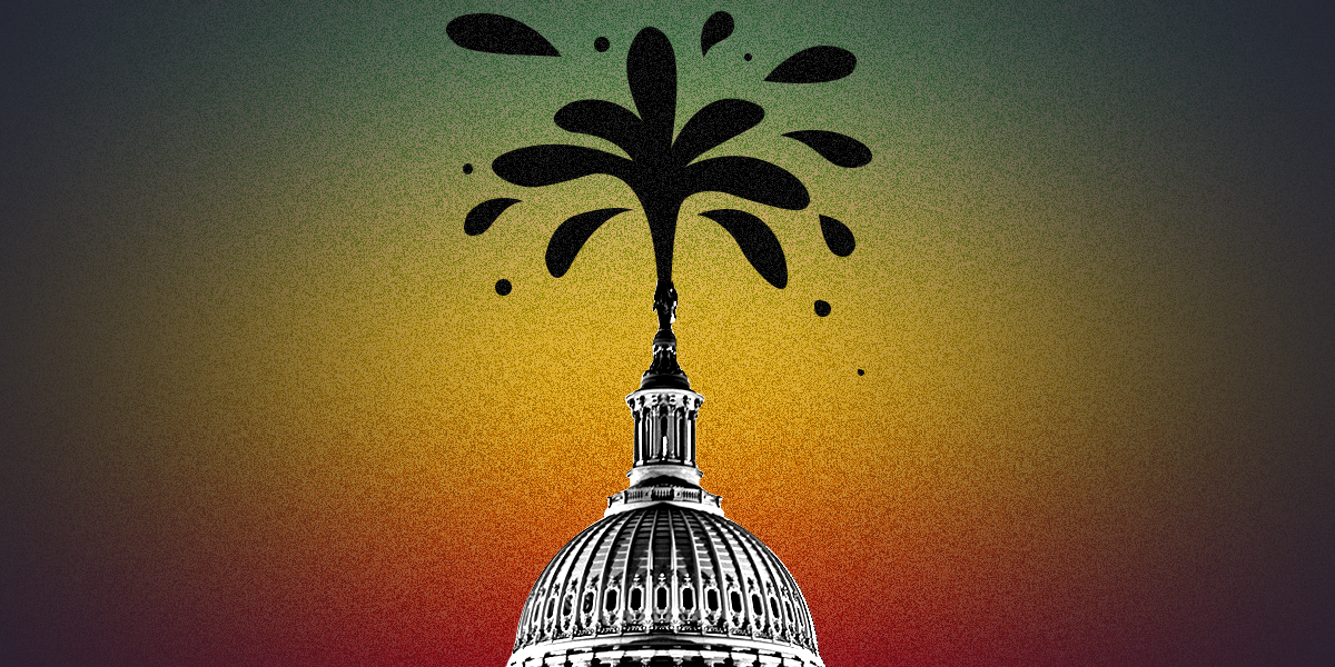 The capital building as an oil gusher over a red, yellow, and green gradient