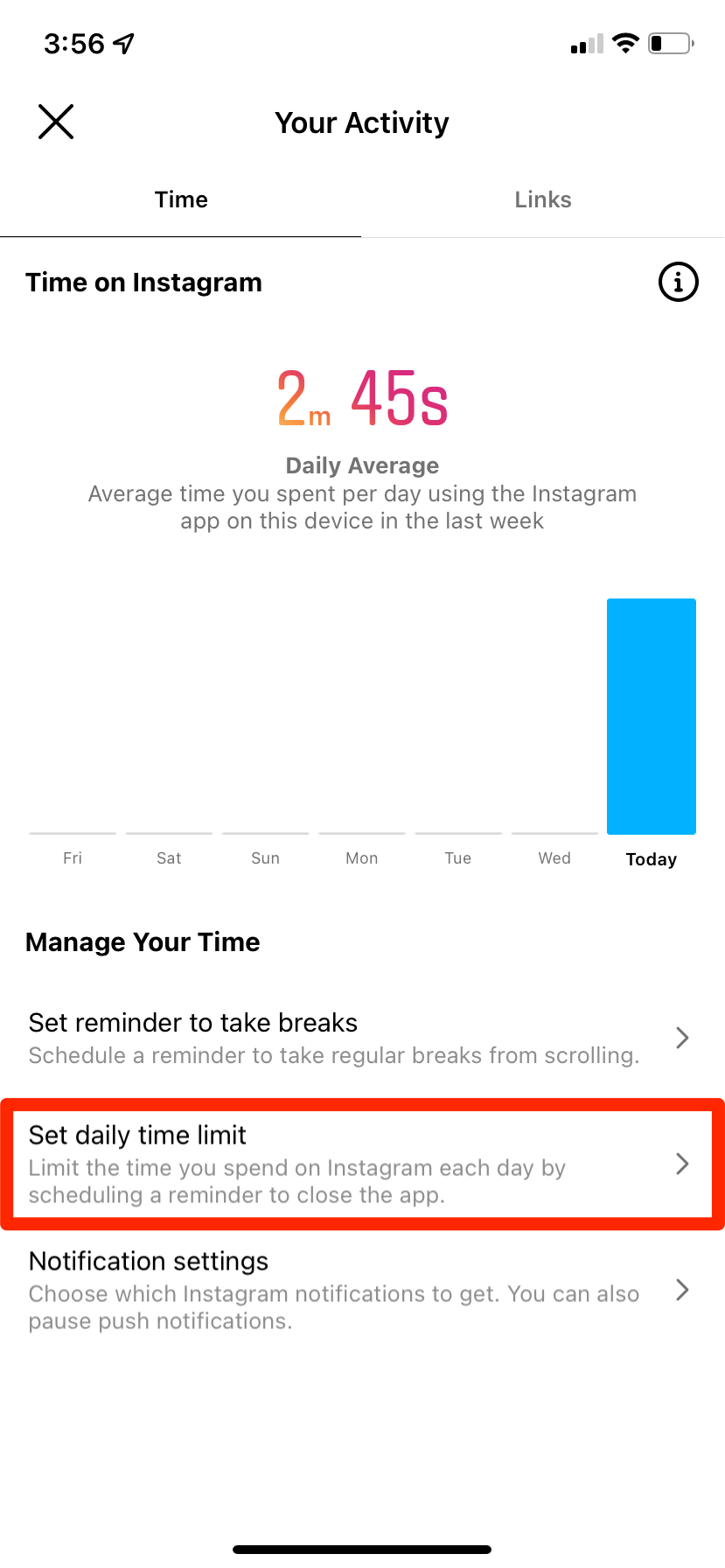 The "Your Activity" menu in the Instagram app. The "Set daily time limit" option is highlighted.