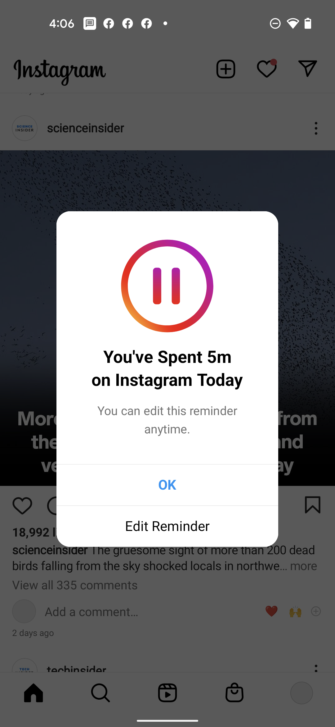 The pop-up that appears when you hit your daily limit on Instagram.