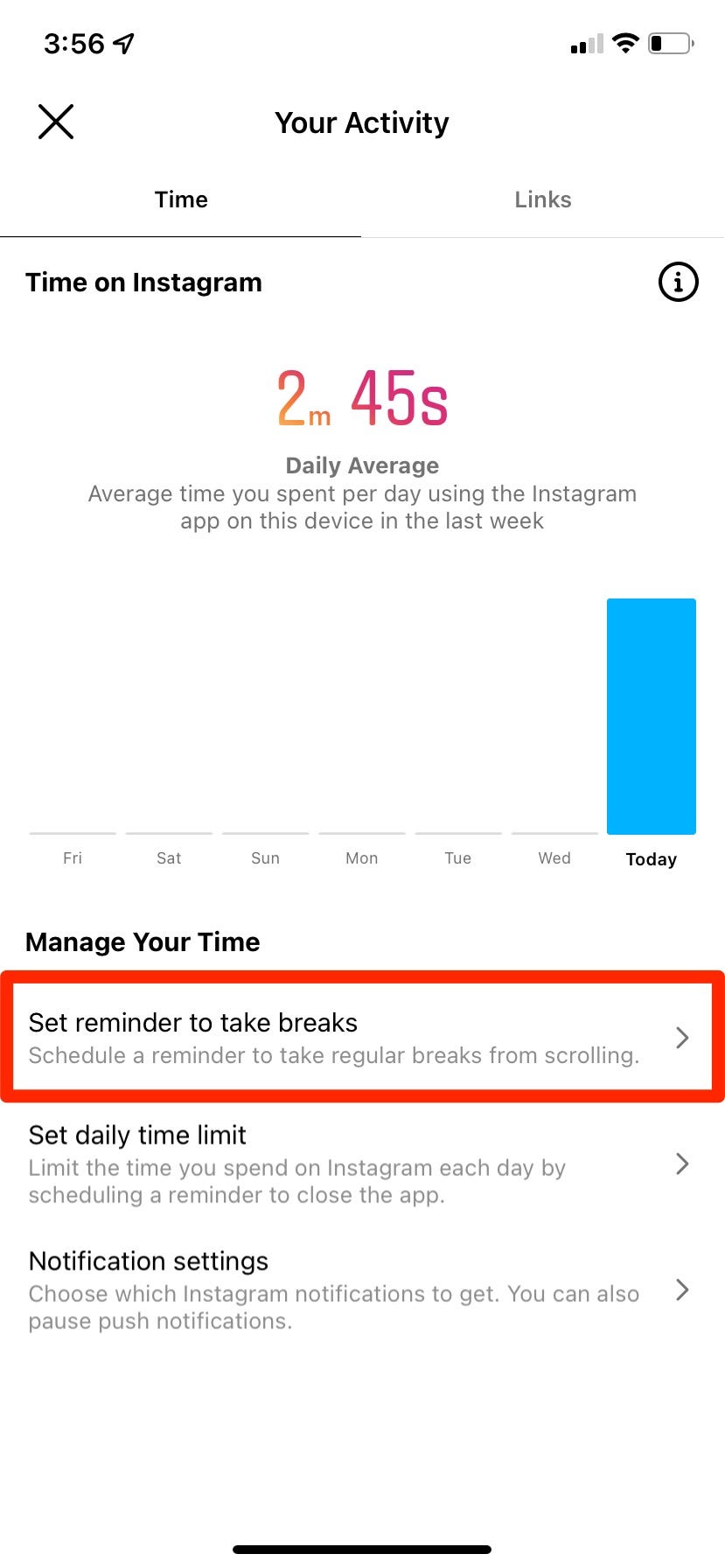 The "Your Activity" menu in the Instagram app, with the "Set reminder to take breaks" option highlighted.