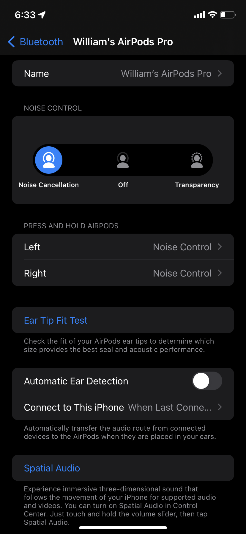 The menu on an iPhone where a user can change their AirPods' settings.