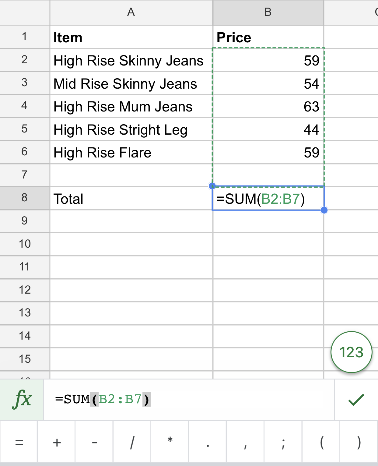 Google Sheets app on iPhone