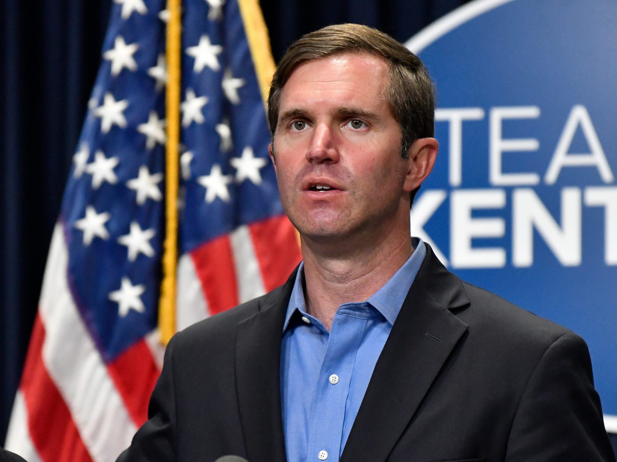 Kentucky Gov. Andy Beshear speaks about the increases in COVID-19 cases in the state and the opening day of the Kentucky State Legislature special session in Frankfort, Ky., Tuesday, Sept. 7, 2021.