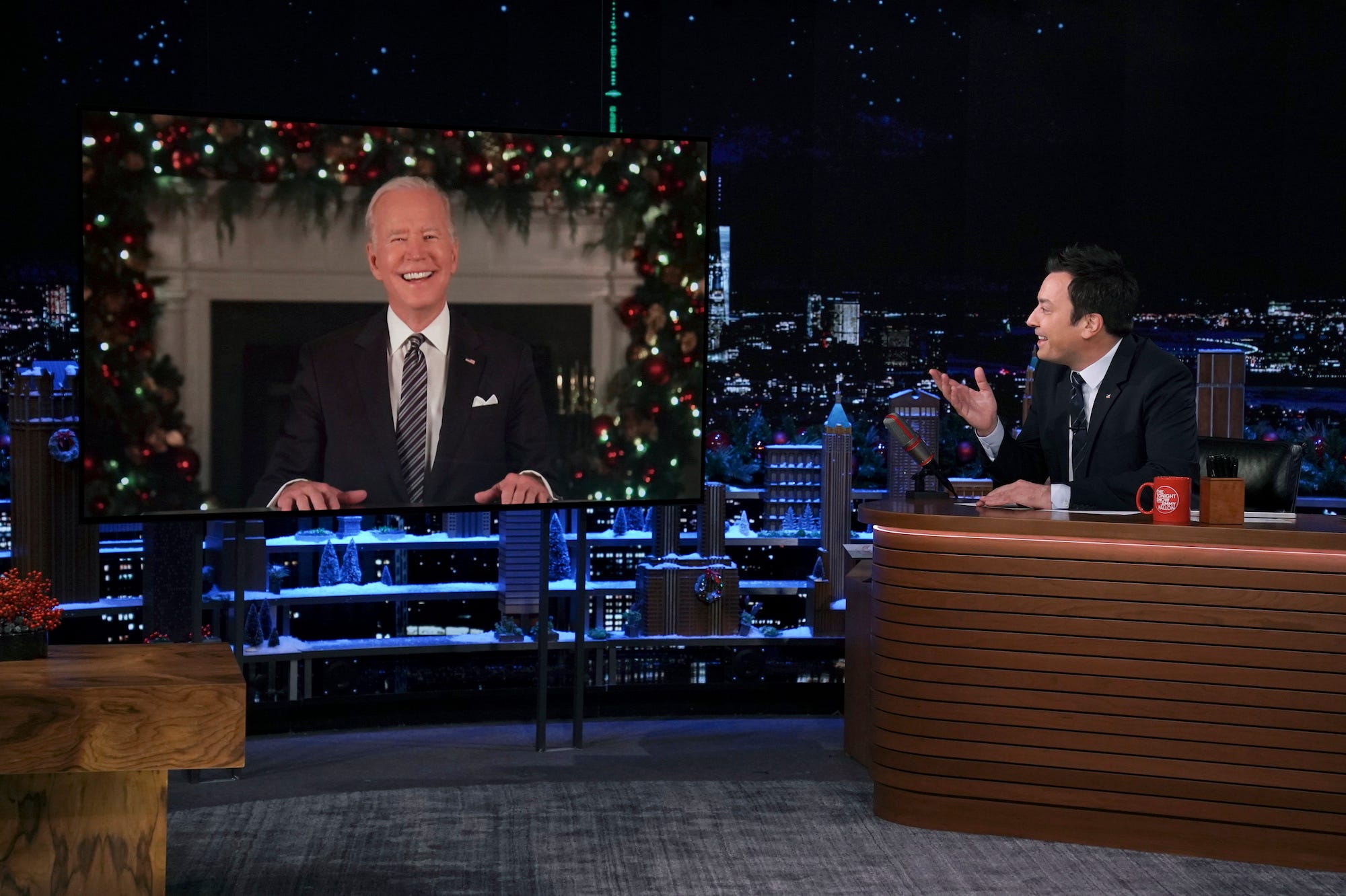 Pictured: (l-r) President Joe Biden during an interview with host Jimmy Fallon on Friday, December 10, 2021