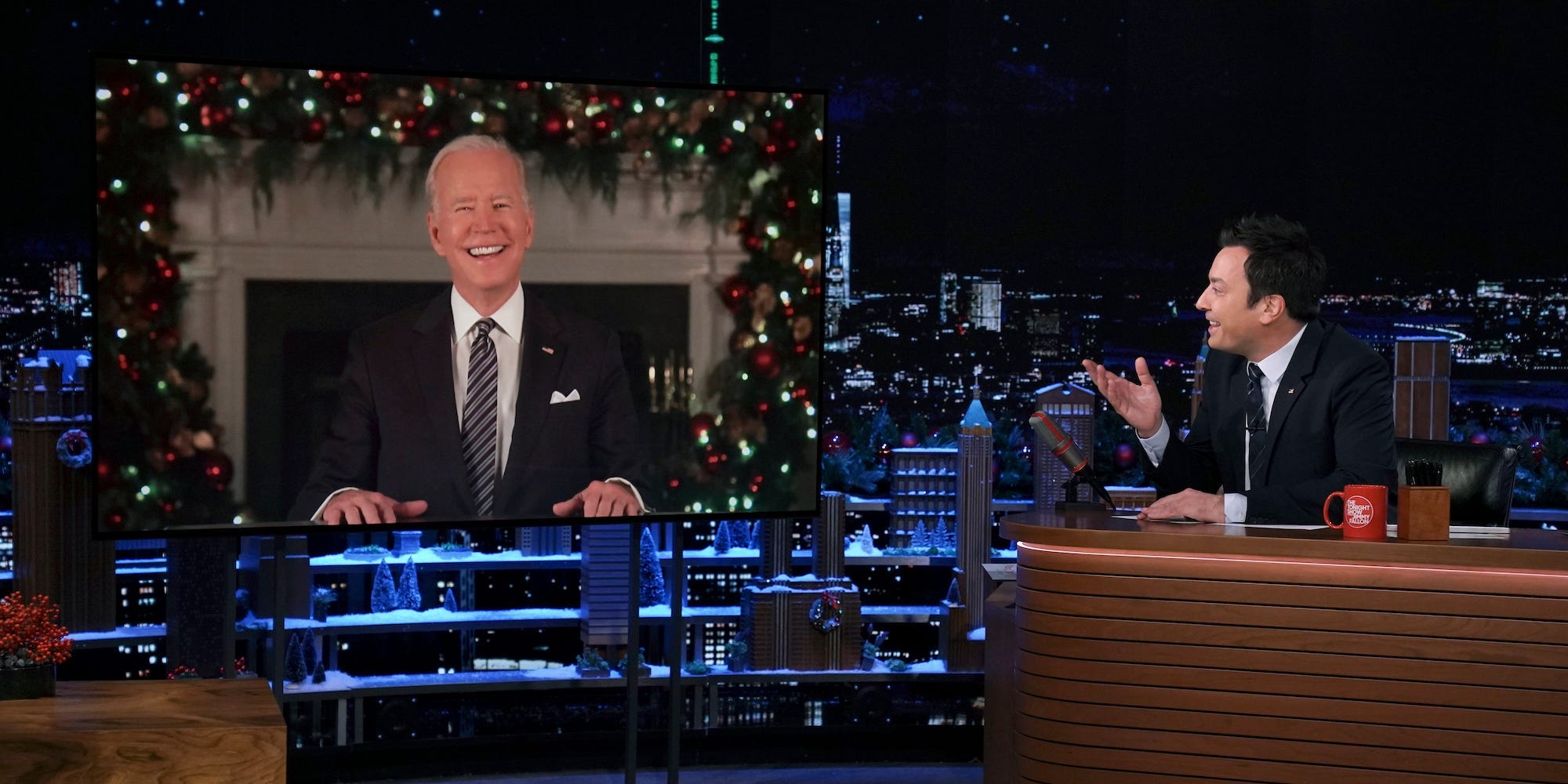 Pictured: (l-r) President Joe Biden during an interview with host Jimmy Fallon on Friday, December 10, 2021