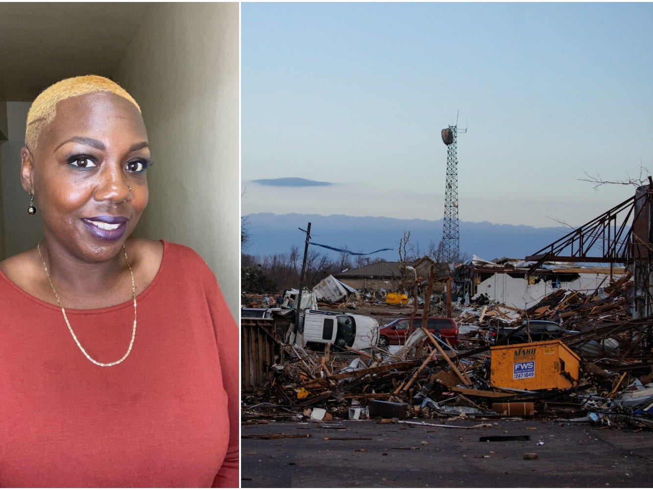 Kyanna Parsons-Perez, left, and heavy damage seen in Mayfield, Kentucky