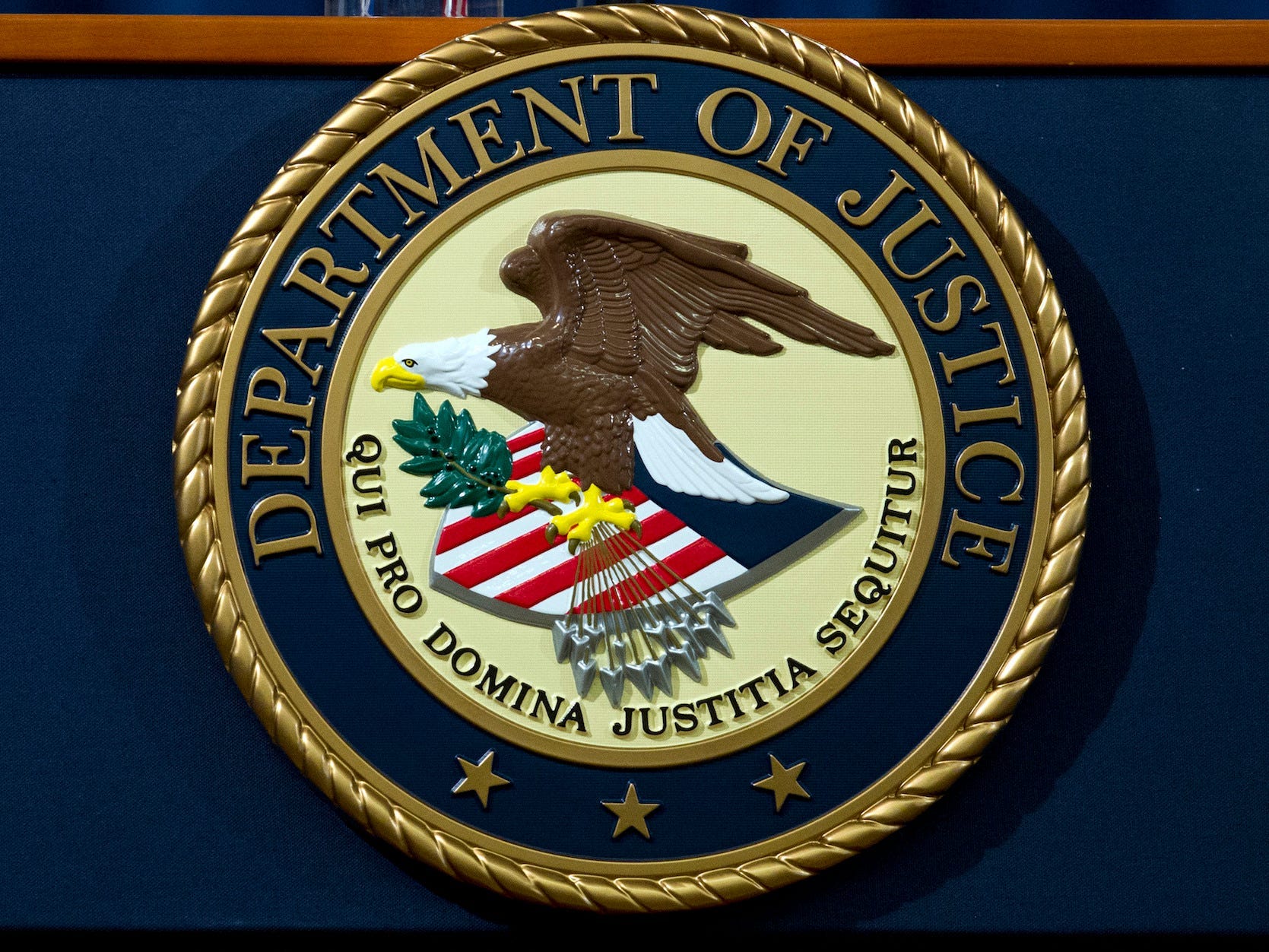 In this Nov. 28, 2018, file photo, the Department of Justice seal is seen in Washington, D.C.