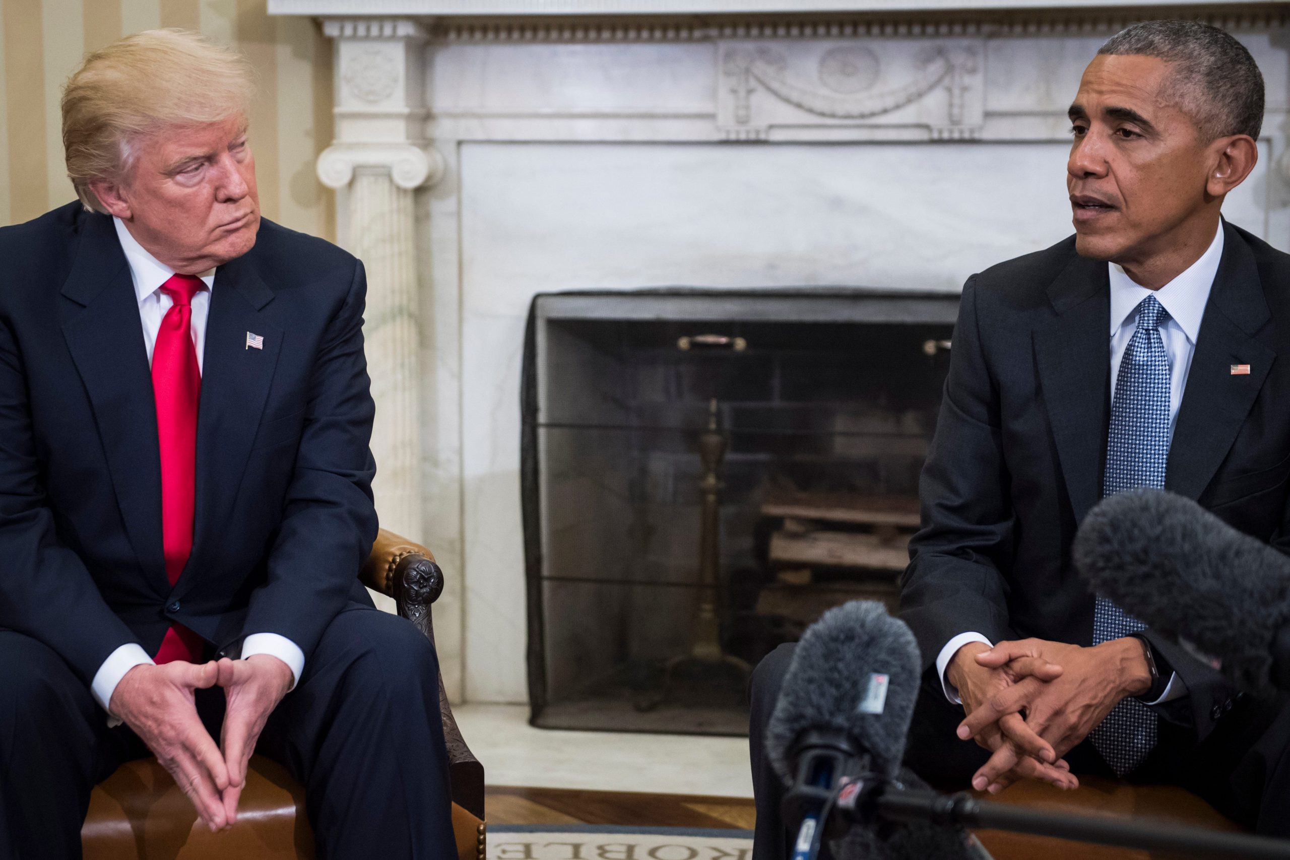 President Barack Obama and President-elect Donald Trump talk to members of the media during a meeting in the Oval Office of the White House in Washington, Thursday, Nov. 10, 2016.