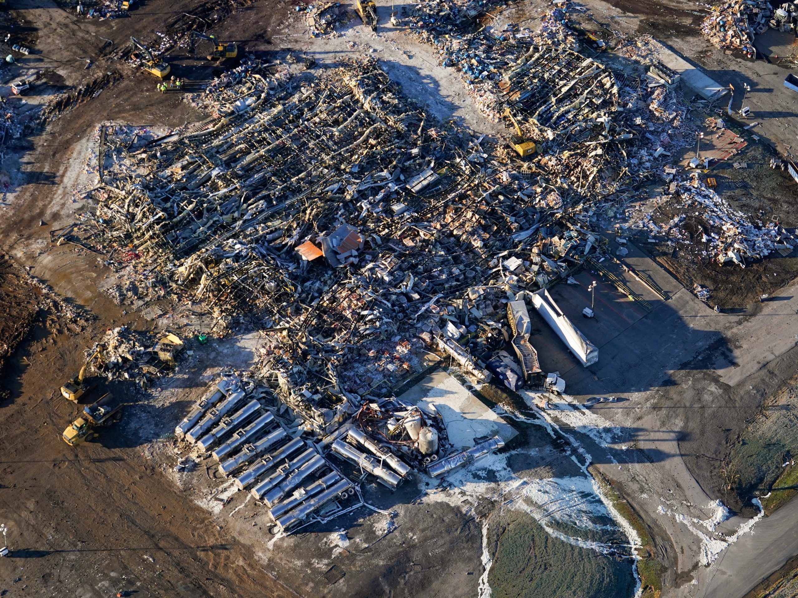 An aerial photo of a collapsed factory in Mayfield, Ky.