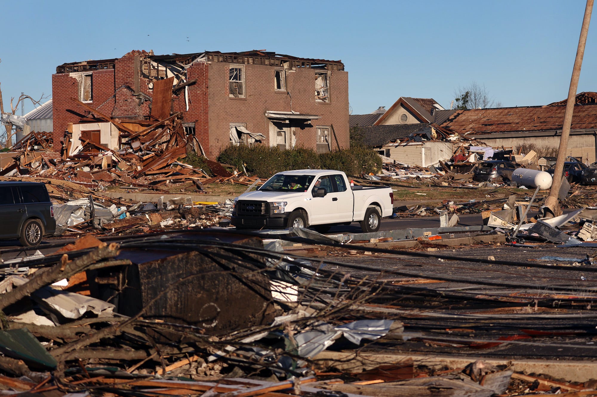 A town in Mayfield, Kentucky reduced to rubble after a tornado.