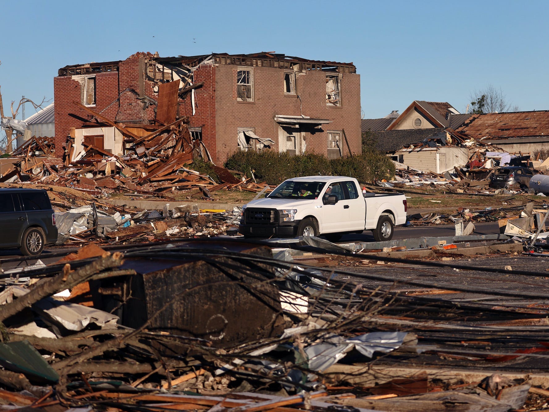 A town in Mayfield, Kentucky reduced to rubble after a tornado.