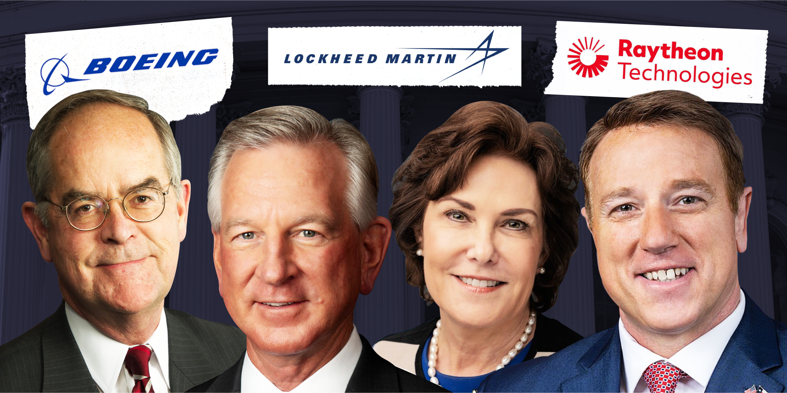 Rep. Jim Cooper, Sen. Tommy Tuberville; Sen. Jacky Rosen; Rep. Pat Fallon with Boeing, Lockheed Martin, and Raytheon Tech logos above them.