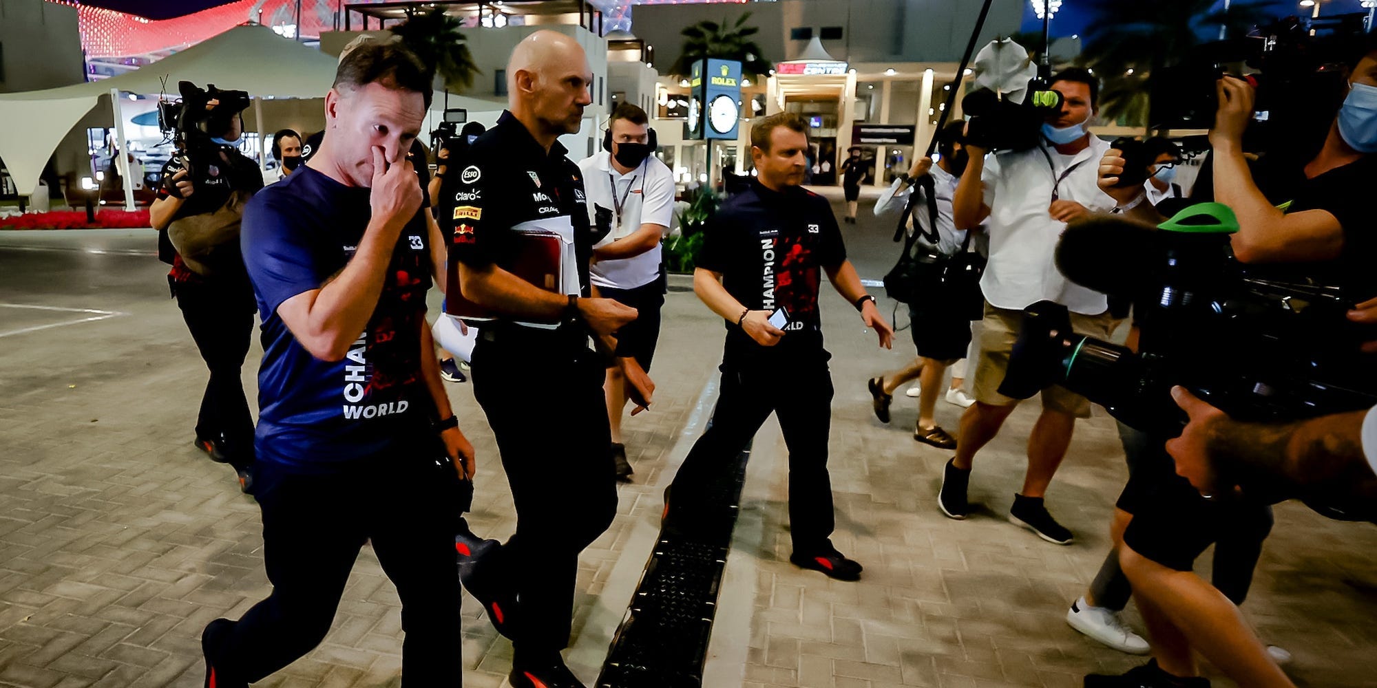 Christian Horner and Adrian Newey head to the stewards' office after the Abu Dhabi Grand Prix.