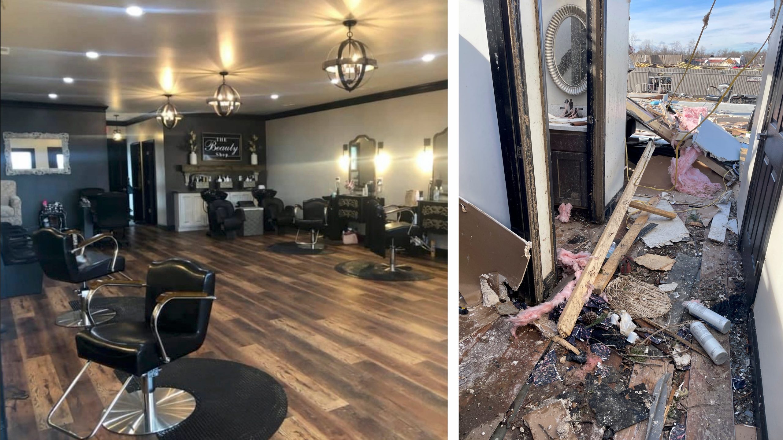 The Beauty Shop before and after a tornado hit it.