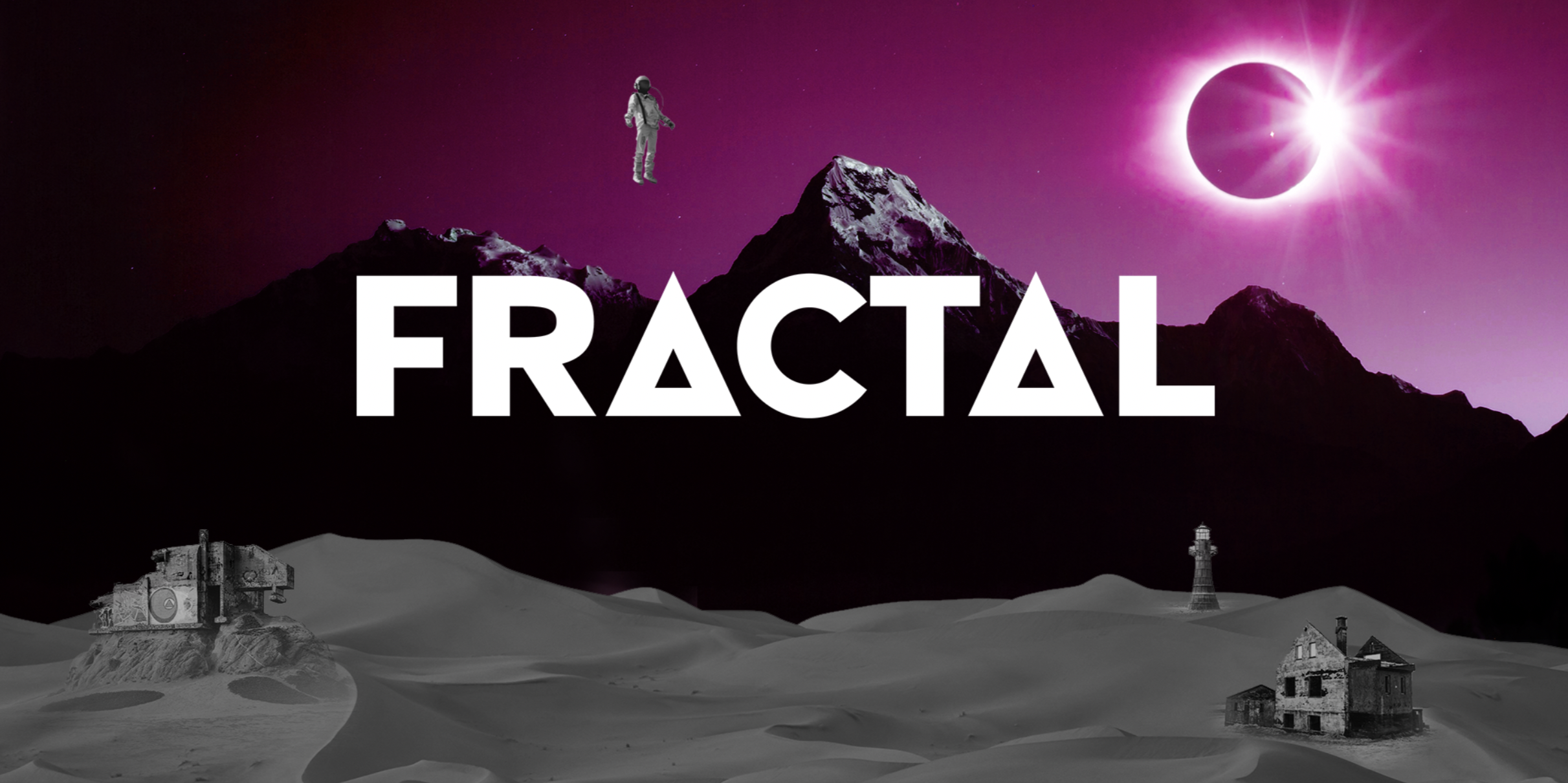 A rendering of a logo for marketplace Fractal shows an eclipsed sun next to mountains