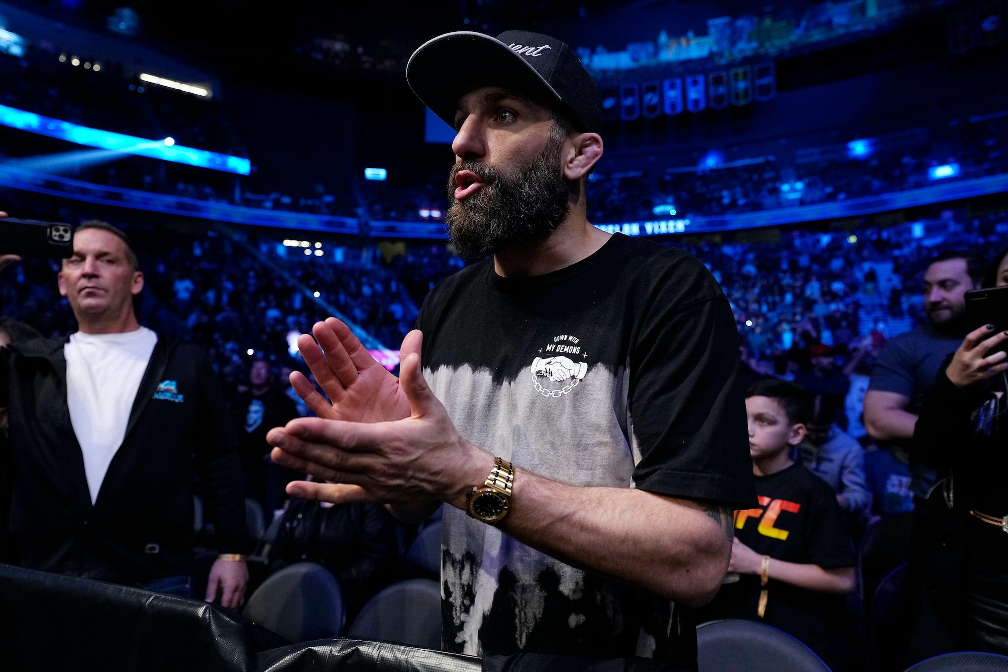 UFC fighter Michael Chiesa pictured Octagonside during his teammate Julianna Pena's historic win over Amanda Nunes.