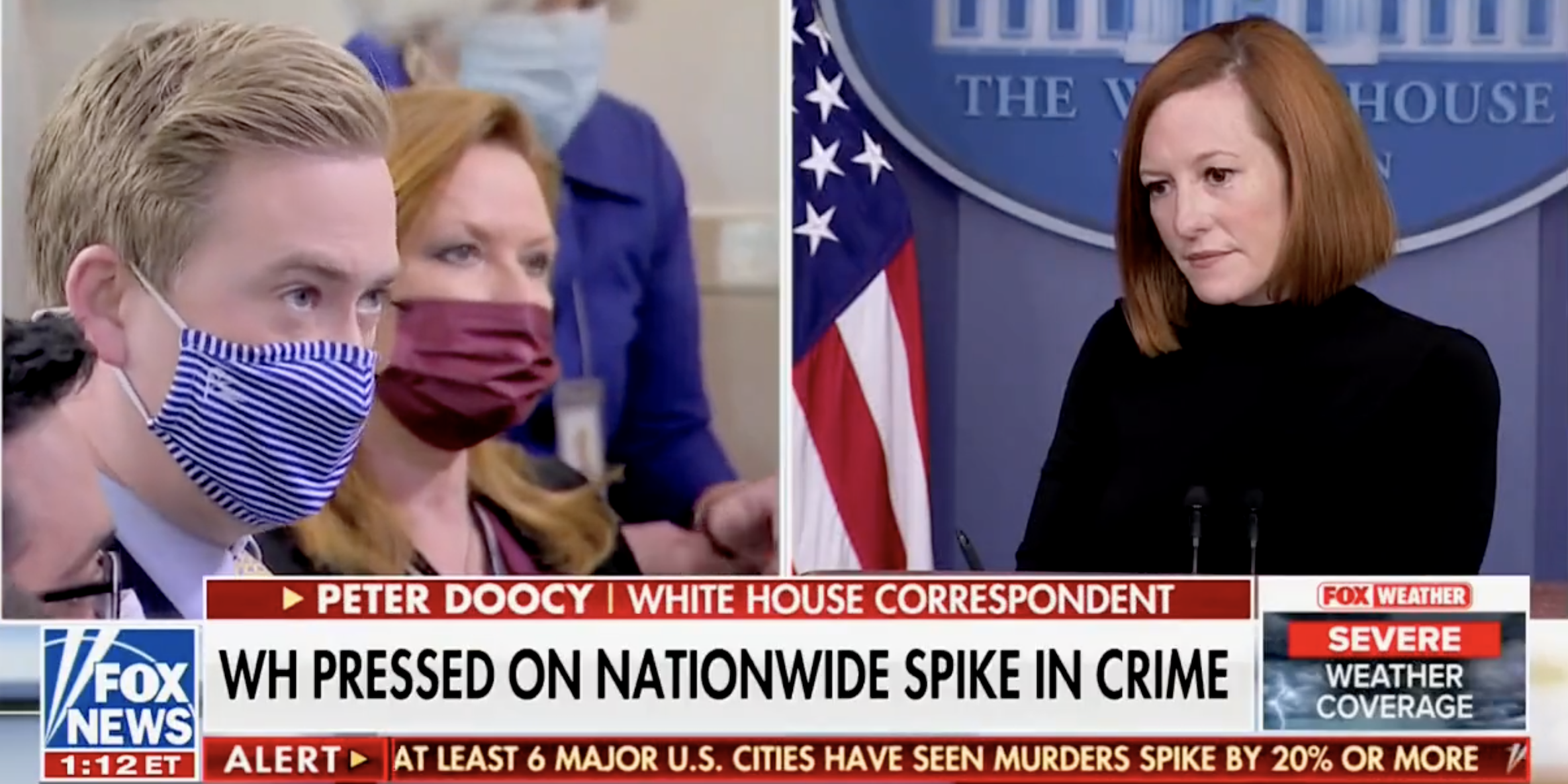 A screenshot of Fox News White House reporter Peter Doocy and White House Press Secretary Jen Psaki