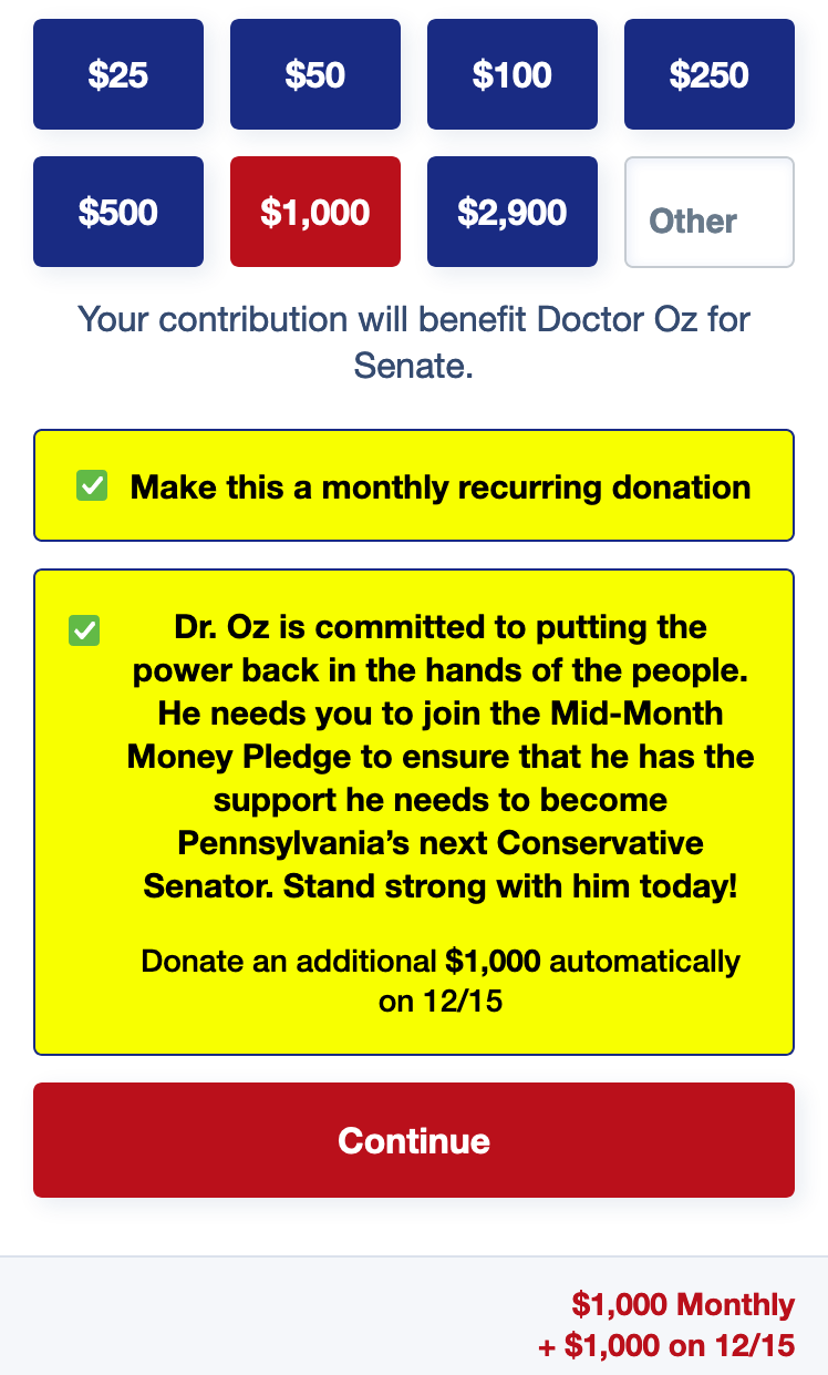 Donation box for the Dr. Oz Senate campaign.