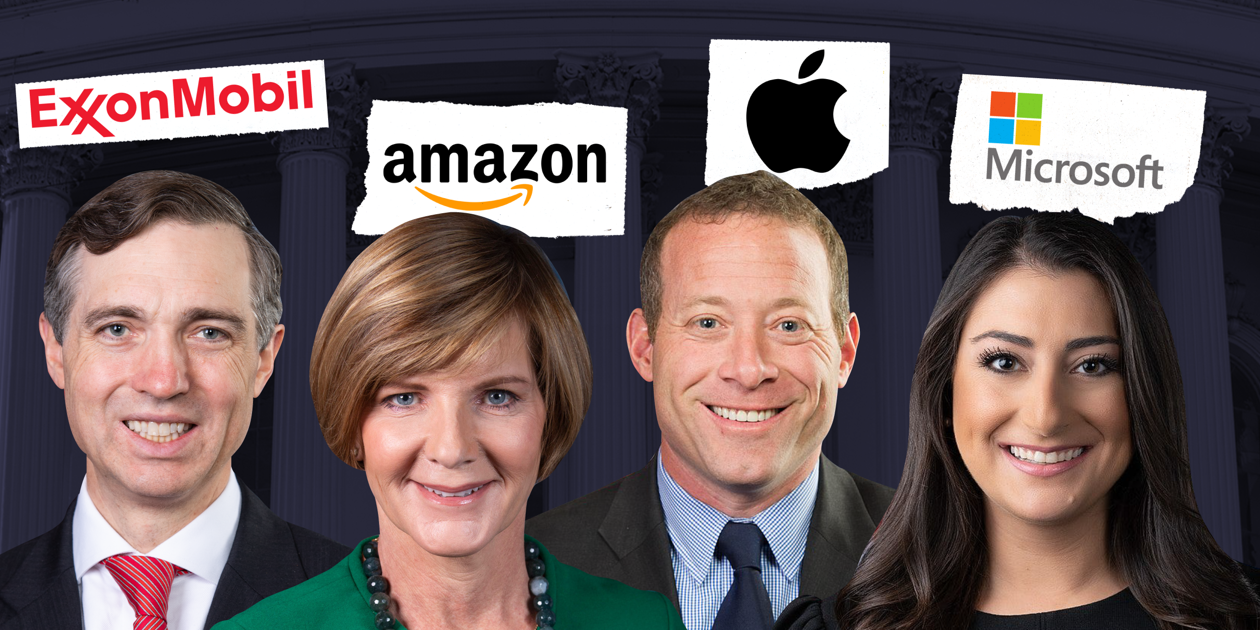 Reps. Josh Gottheimer, Sara Jacobs, Van Taylor, and Susie Lee in front of Exxon Mobil, Amazon, Apple, and Microsoft lgoos.