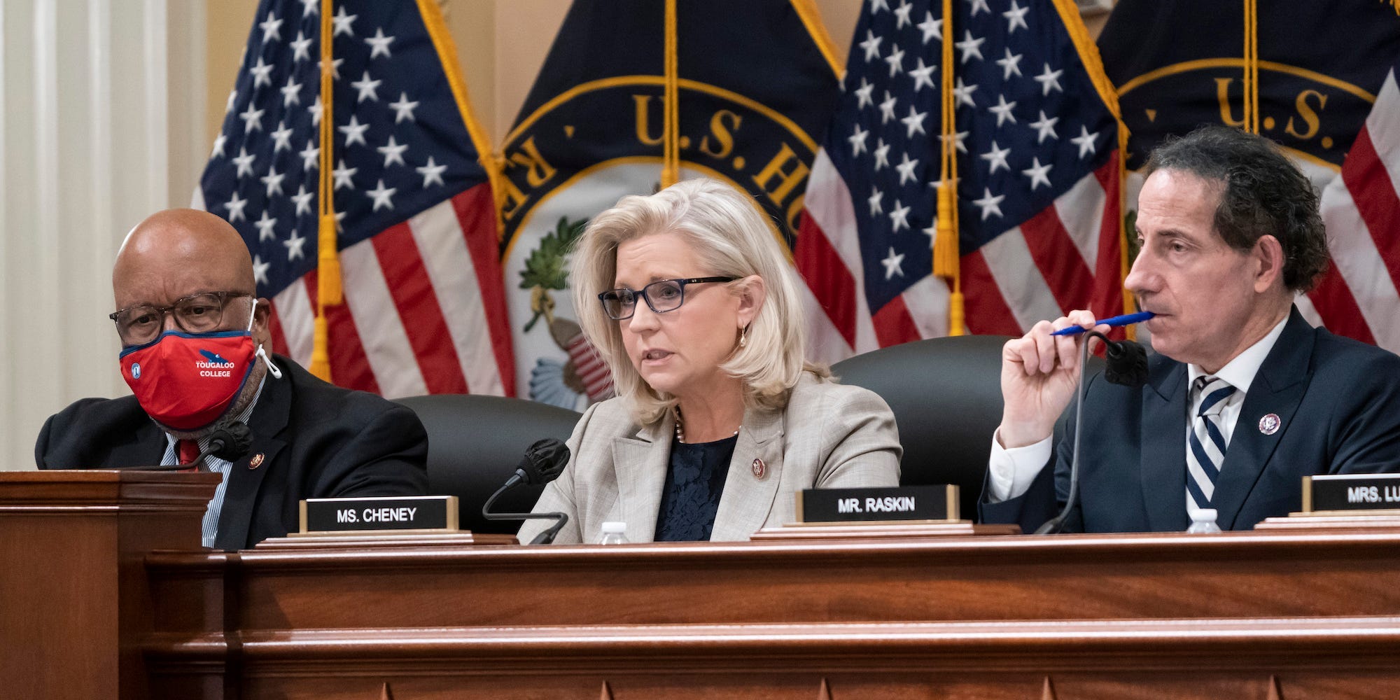 Rep. Liz Cheney, R-Wyo., vice chair of the House panel investigating the Jan. 6 U.S. Capitol insurrection, is flanked by Chairman Bennie Thompson, D-Miss., left, and Rep. Jamie Raskin, D-Md., as they vote on pursuing contempt charges against former President Donald Trump's White House chief of staff Mark Meadows for not complying with a subpoena, at the Capitol in Washington, Monday, Dec. 13, 2021.
