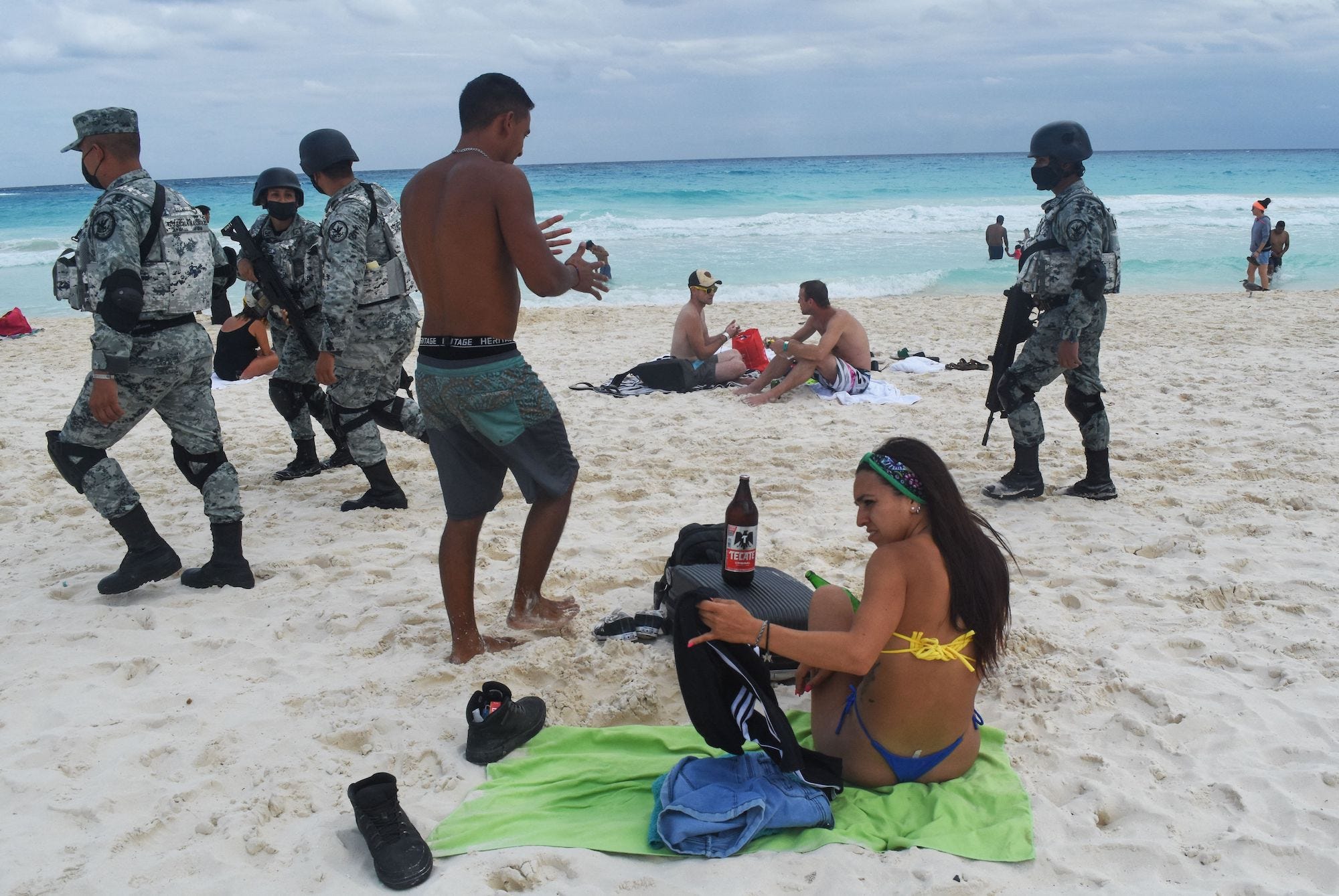 Mexican national guard troops on Cancun beach