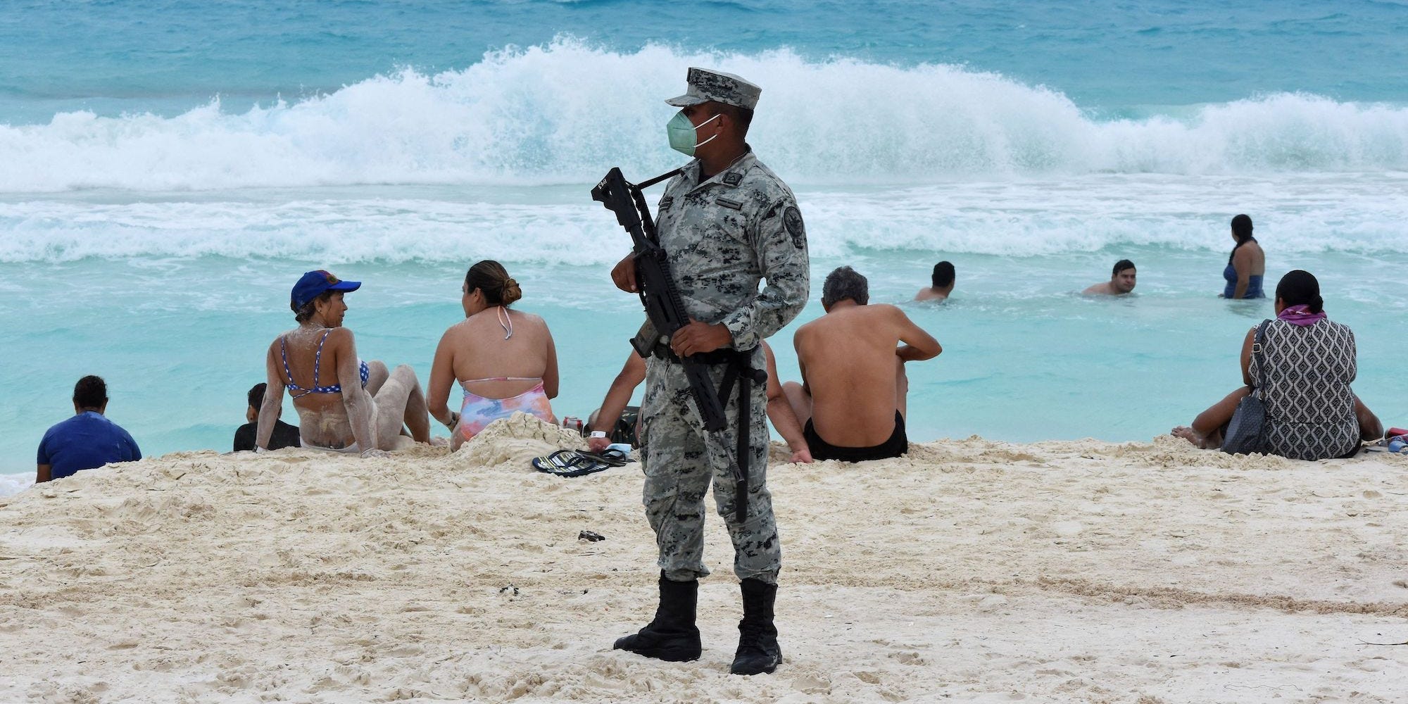 Mexican national guard on Cancun beach