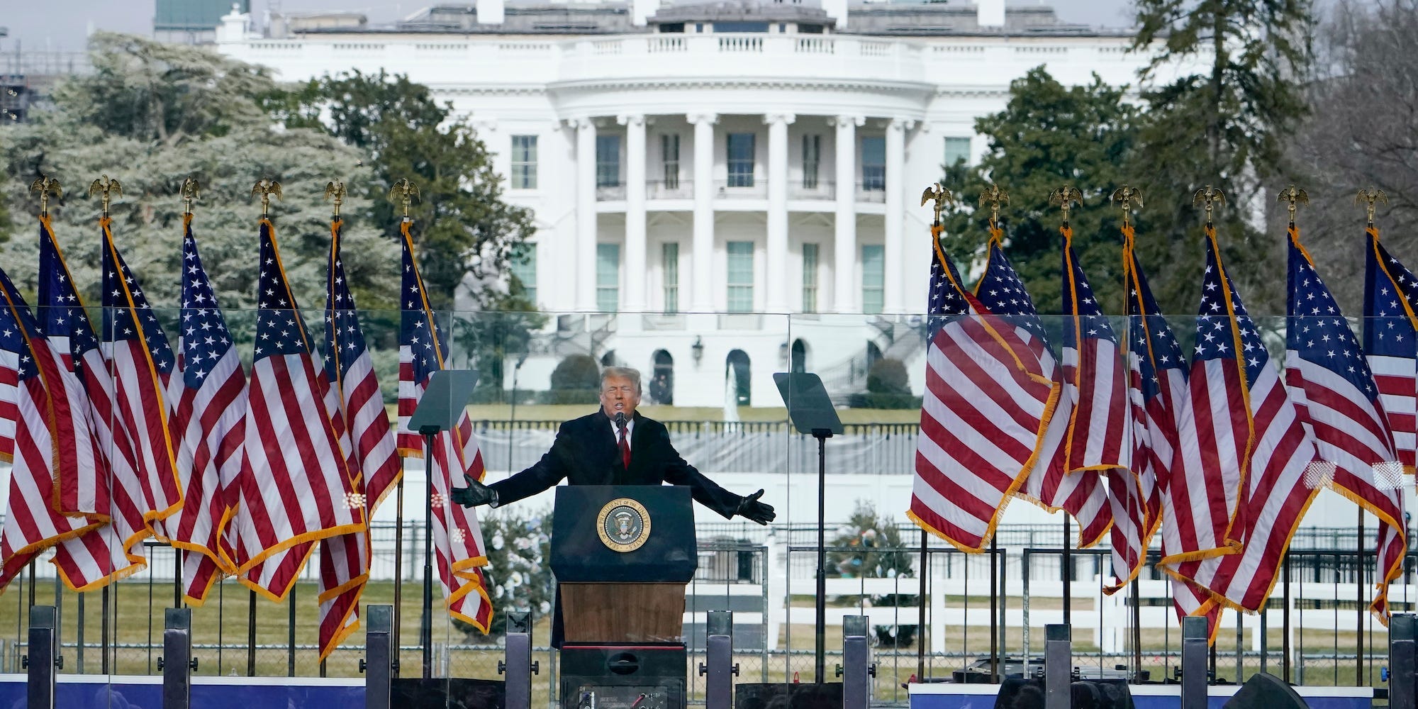 In this Jan. 6, 2021, file photo with the White House in the background, President Donald Trump speaks at a rally in Washington.