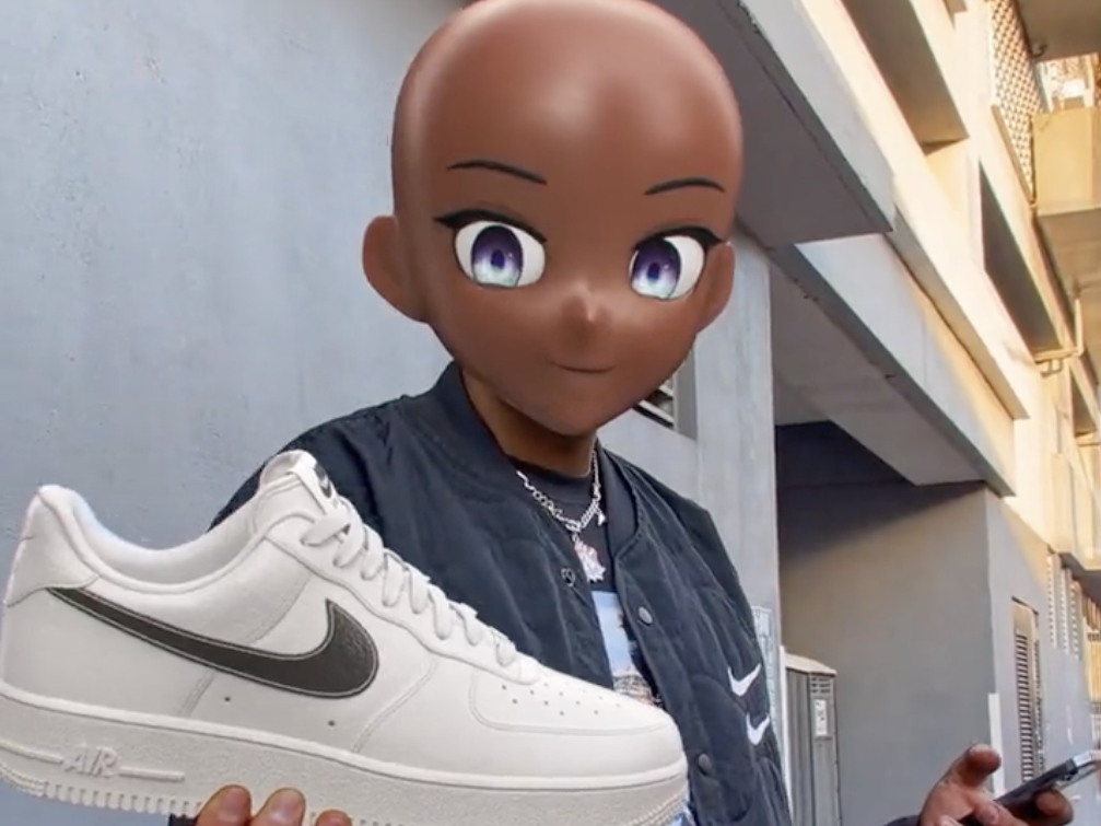 A screenshot of an RTFKT avatar holding a Nike-branded shoe