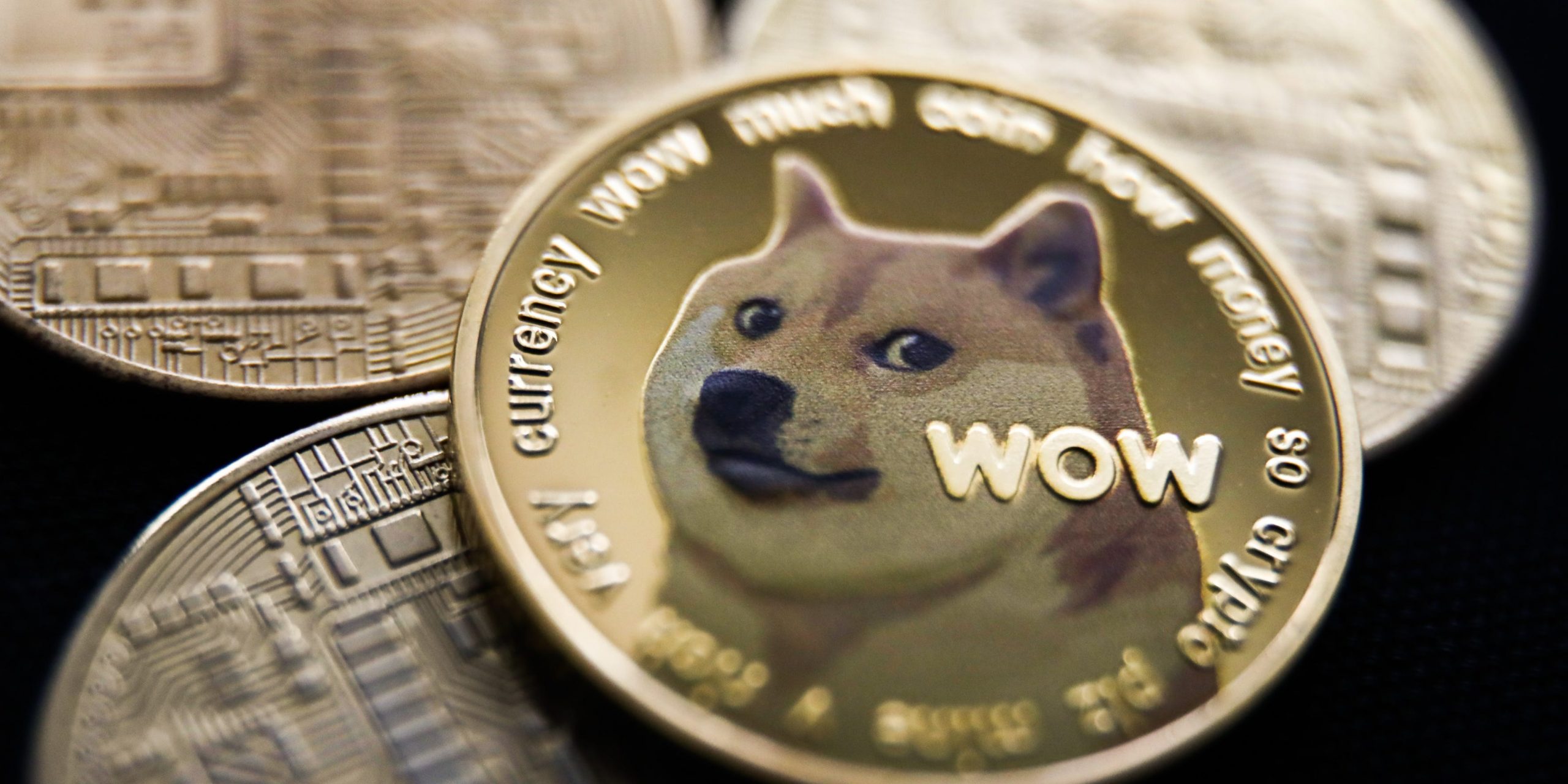 Dogecoin and other gold coins on black background