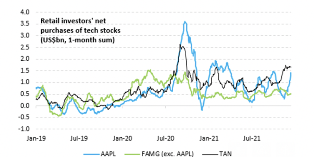 Chart showing net purchases of tech stocks buy retail investors