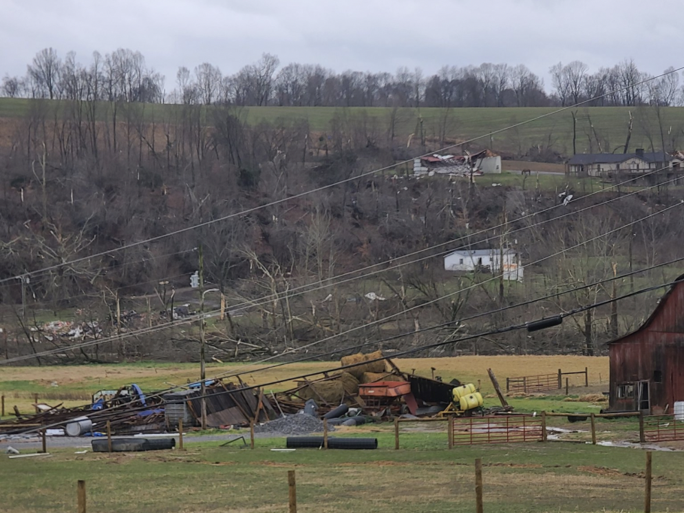 Damage caused by Friday's tornadoes at the sheep farm by Leslie Campbell's home in Kentucky.