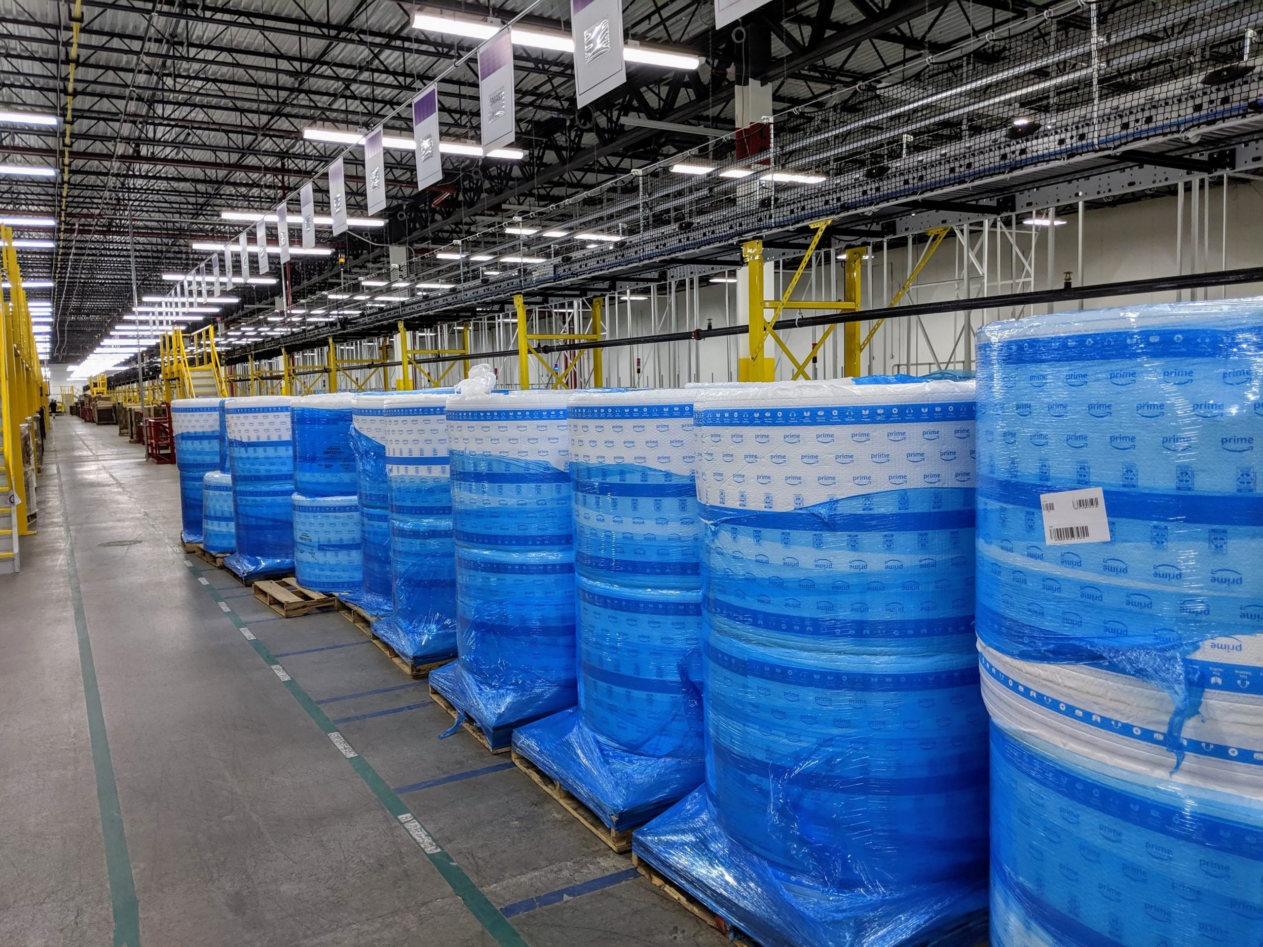 Amazon plastic packaging in massive bundles at the Staten Island, New York Amazon fulfillment center.