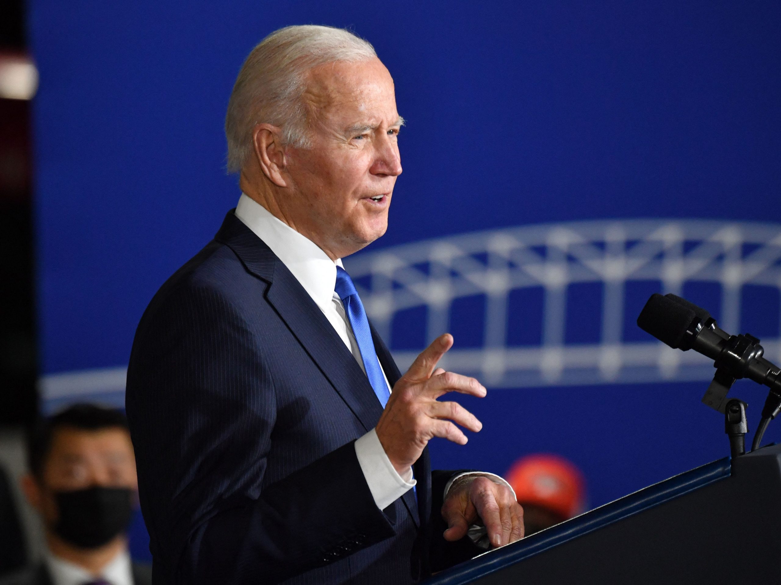 US President Joe Biden speaks about the Infrastructure Law while visiting the Kansas City Area Transportation Authority in Missouri on December 8, 2021. (