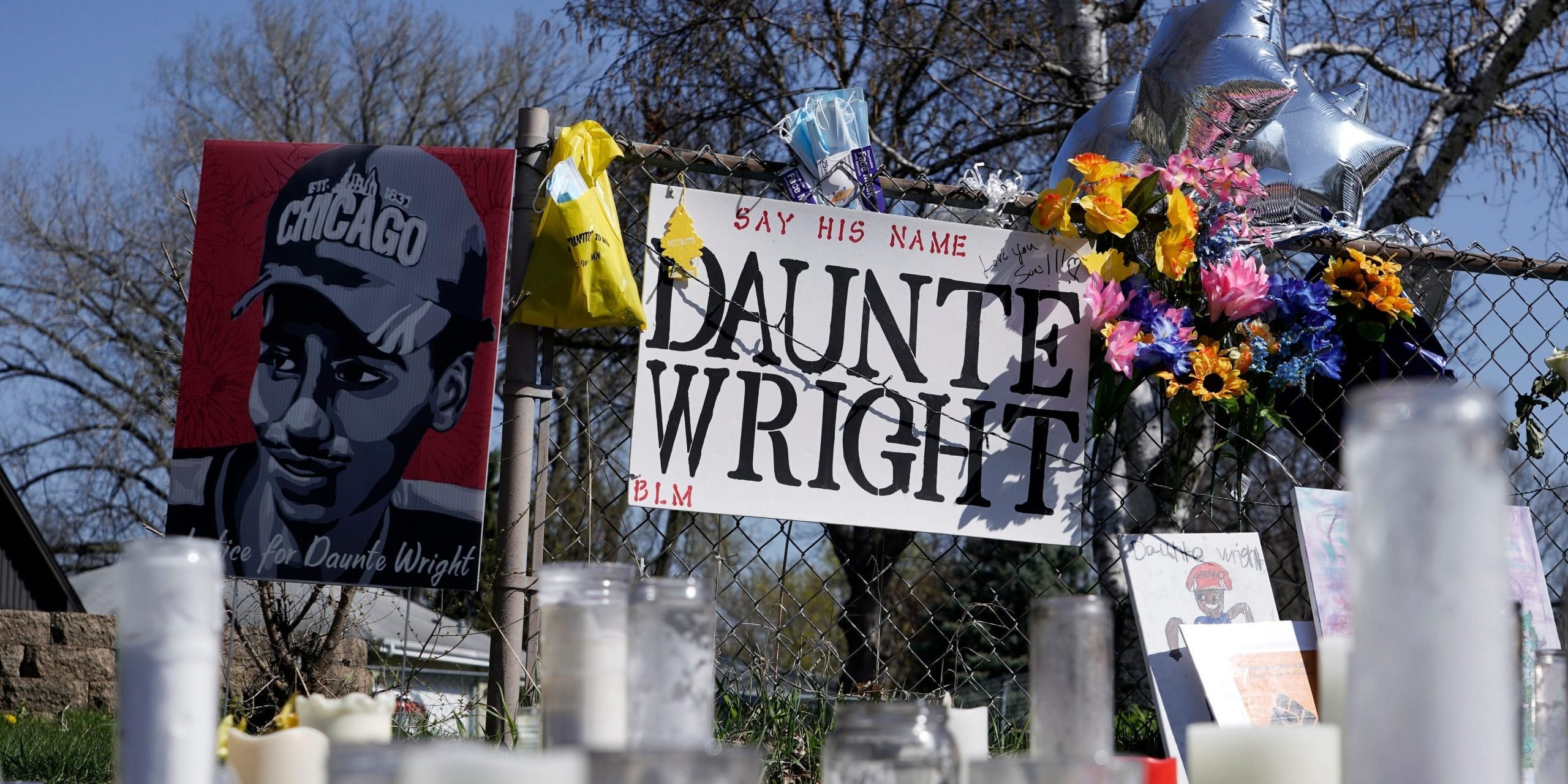 A makeshift memorial is seen Thursday, April 22, 2021, in Brooklyn Center, Minn., near the site of the fatal shooting of Daunte Wright by a police officer during a traffic stop.