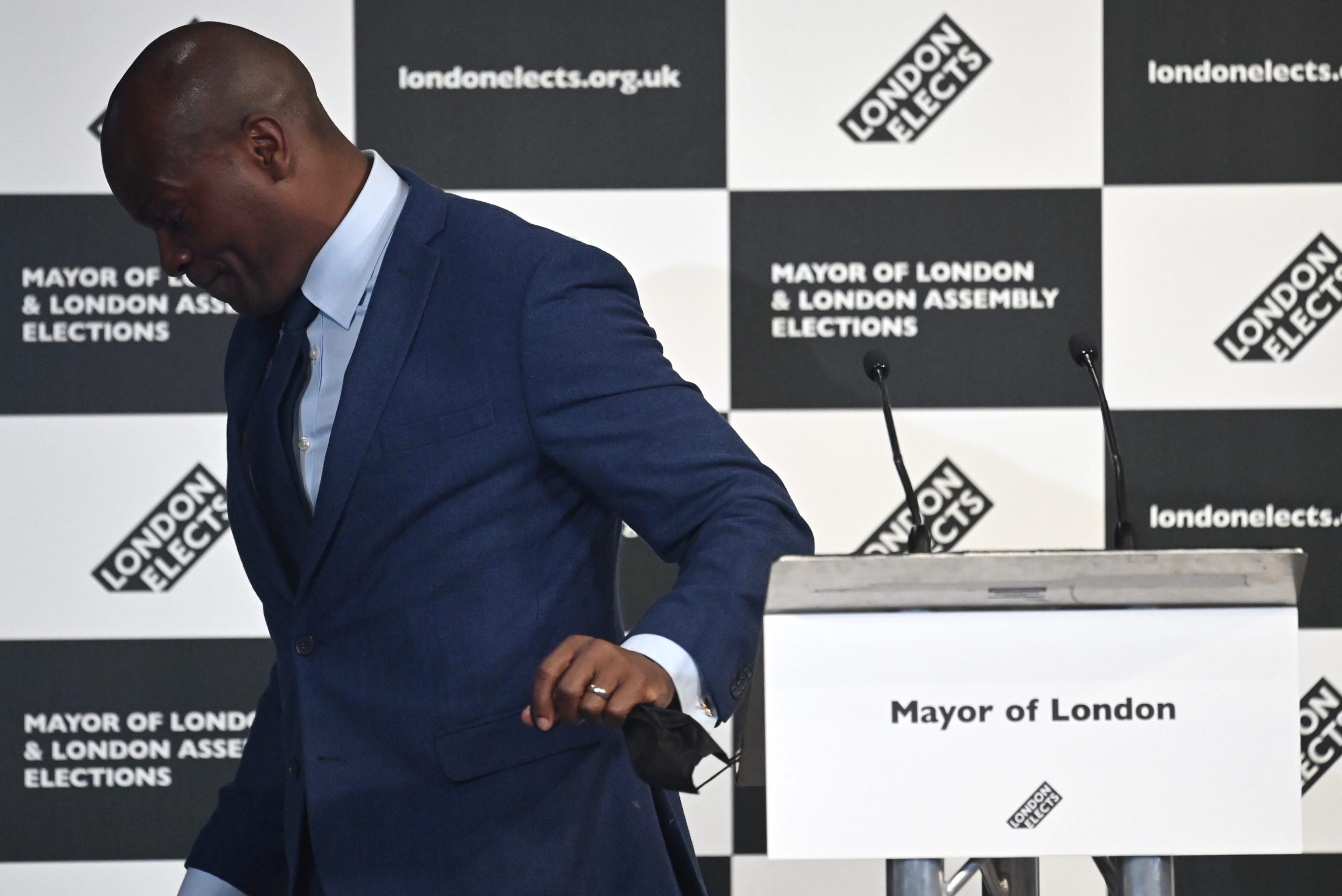 Shaun Bailey, London mayoral candidate, steps down from a podium.