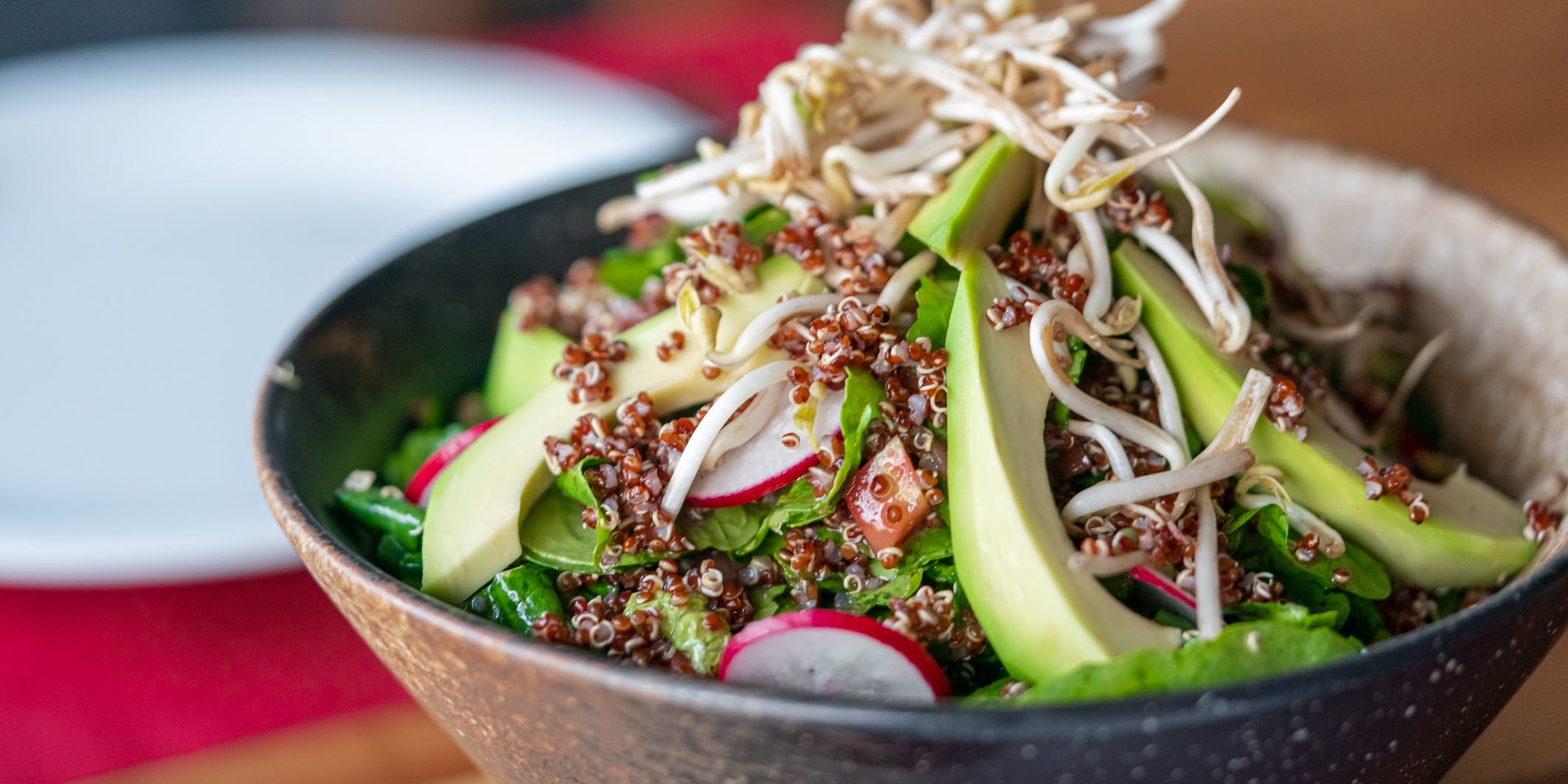 A vegetable bowl of quinoa, avocado, sprouts, and radishes.