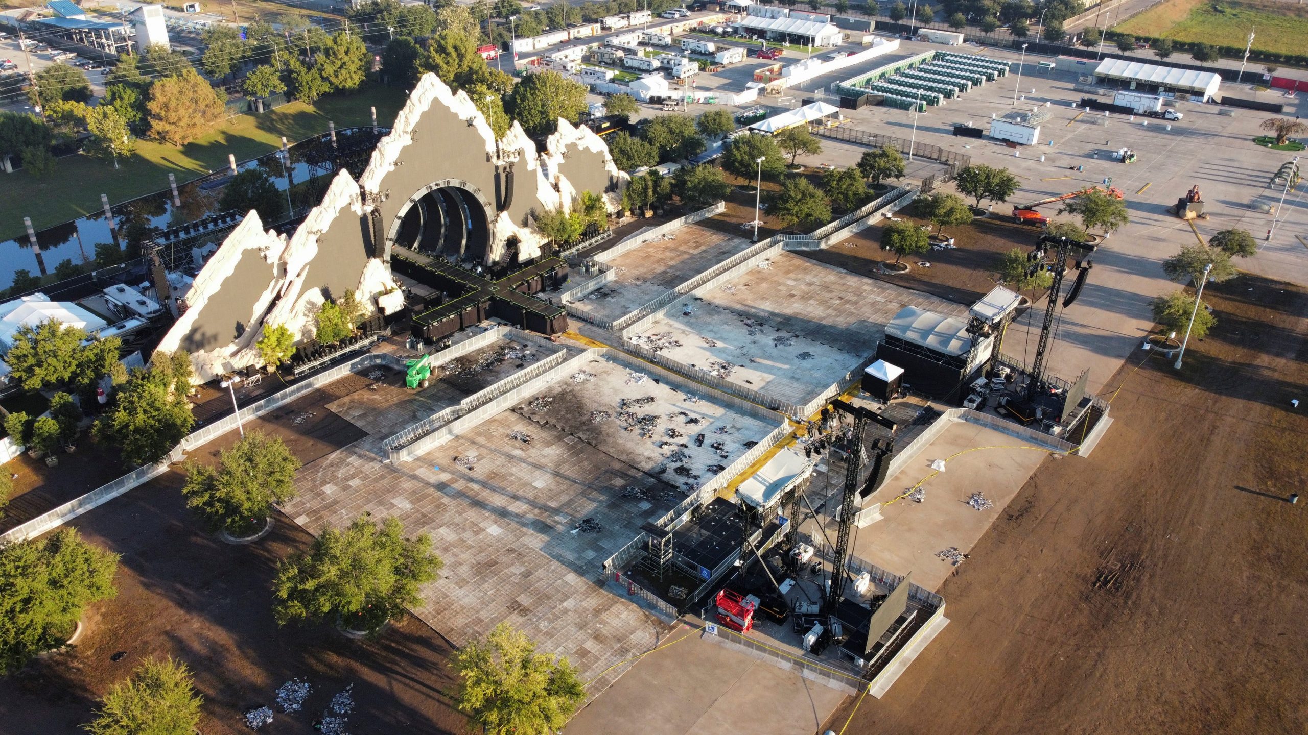 An empty outdoor arena is seen from above.