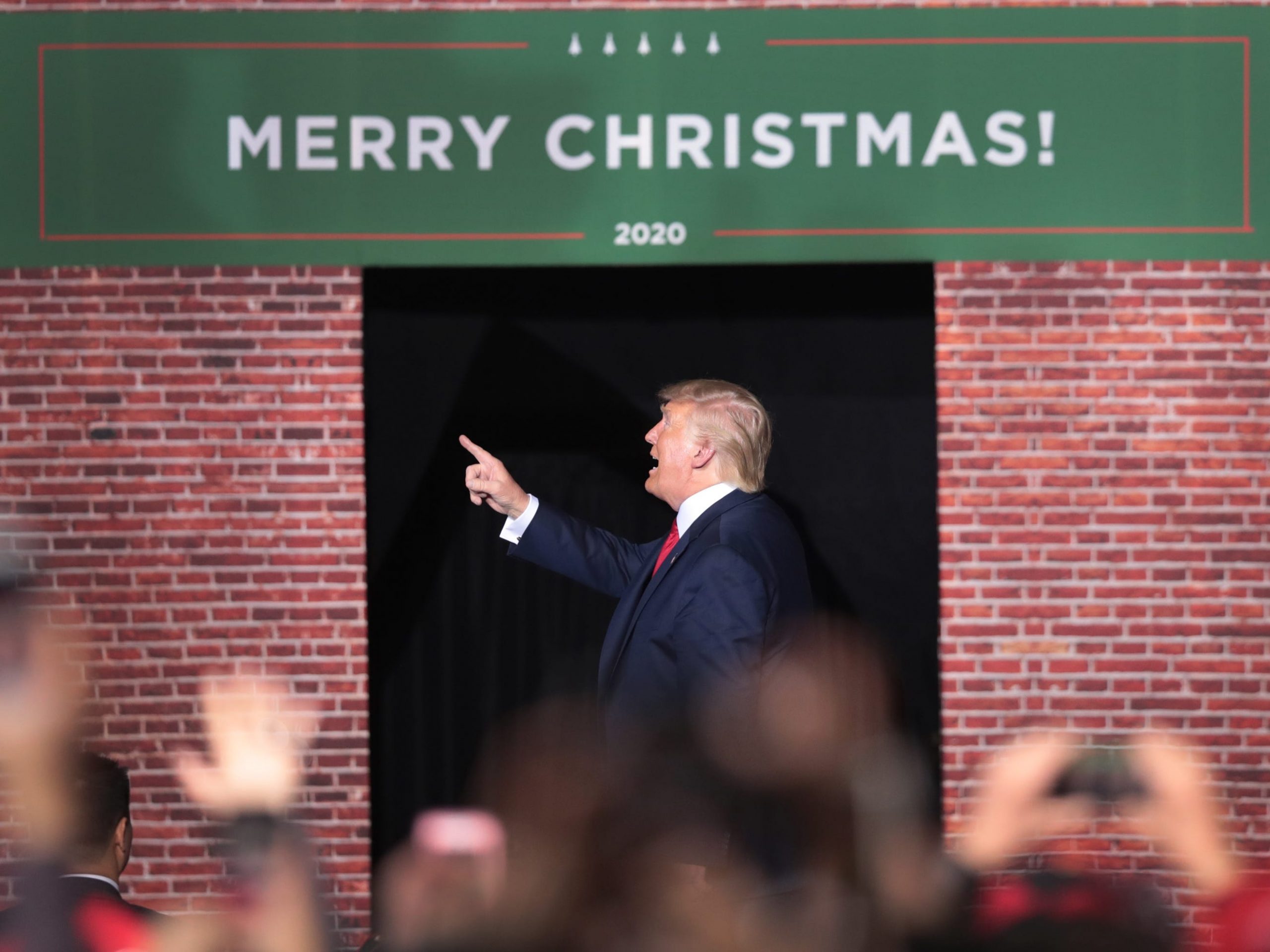 President Donald Trump leaves his Merry Christmas Rally at the Kellogg Arena on December 18, 2019 in Battle Creek, Michigan.