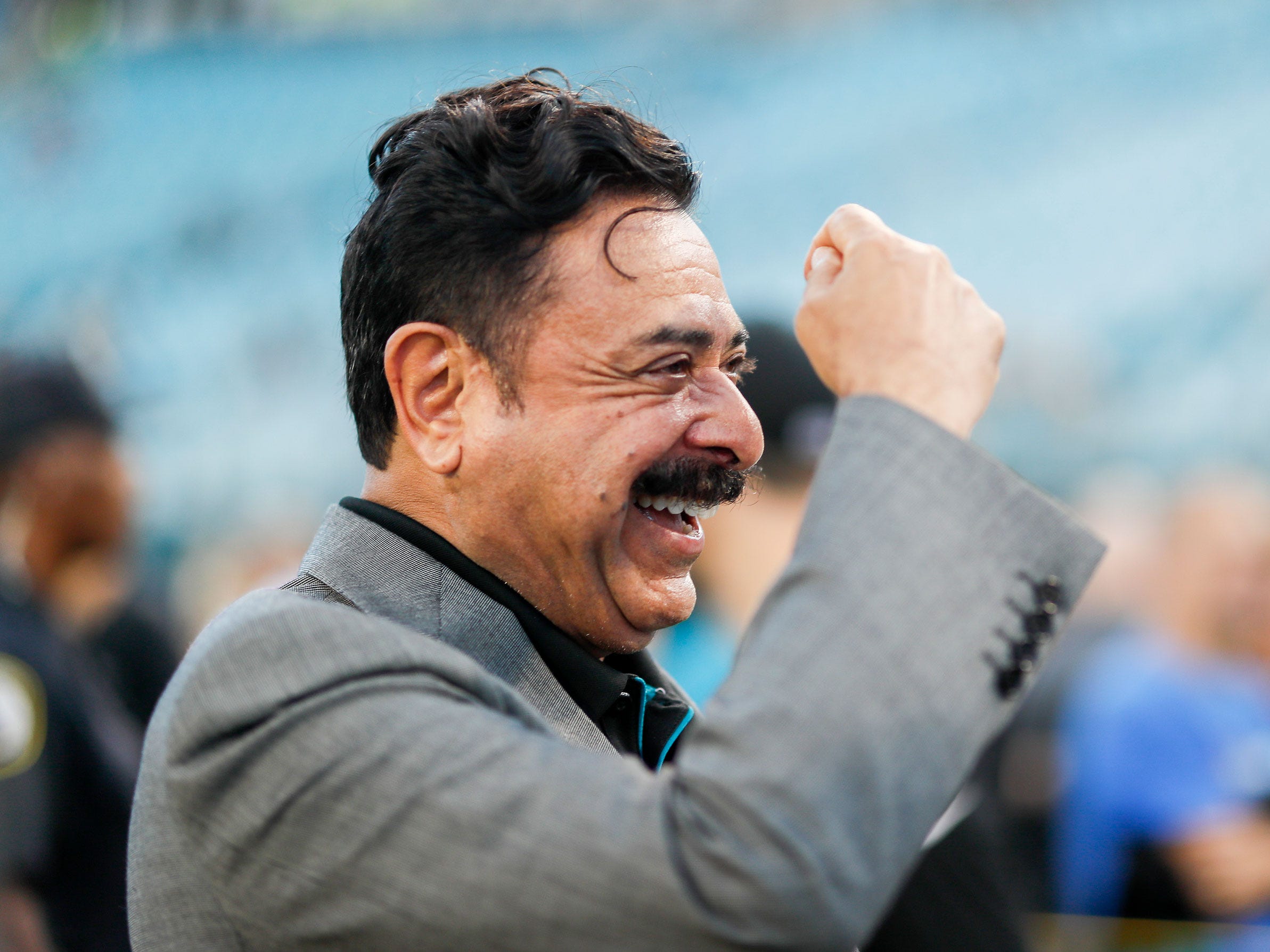 Jaguars owner Shad Khan reacts before a game in 2019.