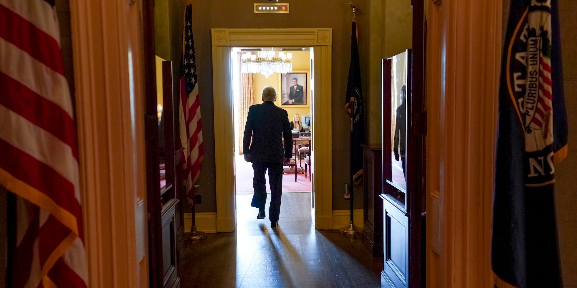 Senate Minority Leader Mitch McConnell walks into his office at the US Capitol on May 27, 2021 after expressing opposition to a January 6 commission.